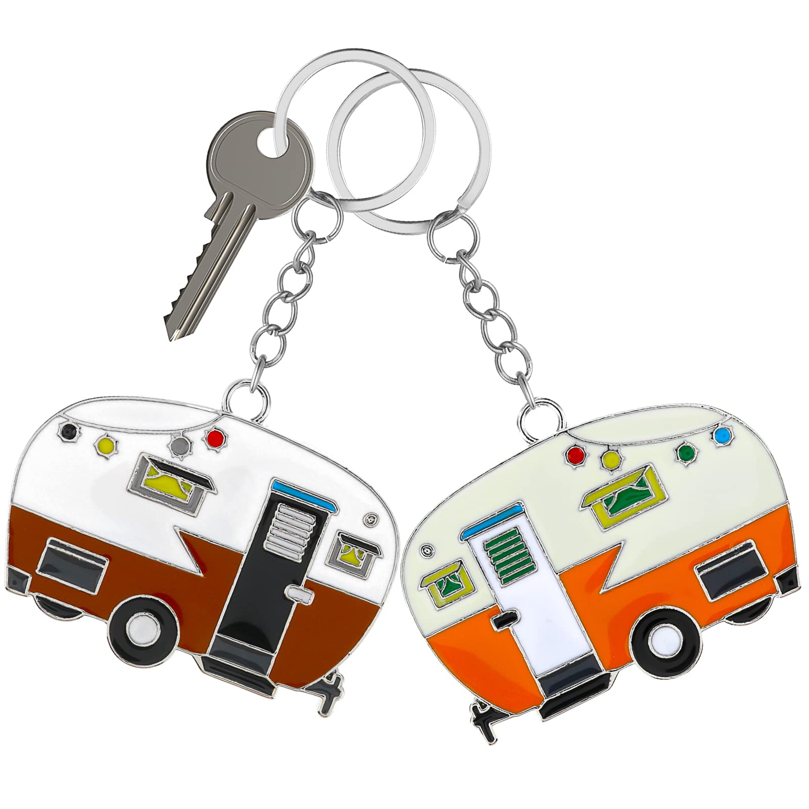 2 Pieces Camper Keychain, Rv Camper Keyring Camper Accessories For Travel Trailers Retro Camping Car Keychain (Yellow+Brown)