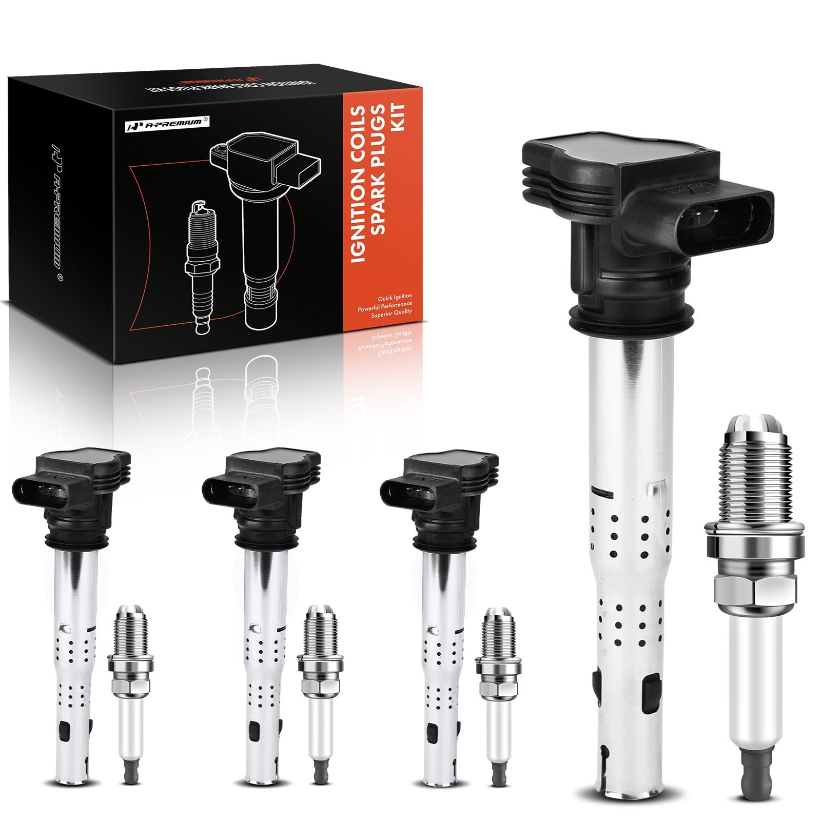 A-Premium Set Of 4 Ignition Coil Pack And Iridium Spark Plugs Compatible With Audi A3 2004-2013, A4 2005-2016 & Volkswagen Jetta