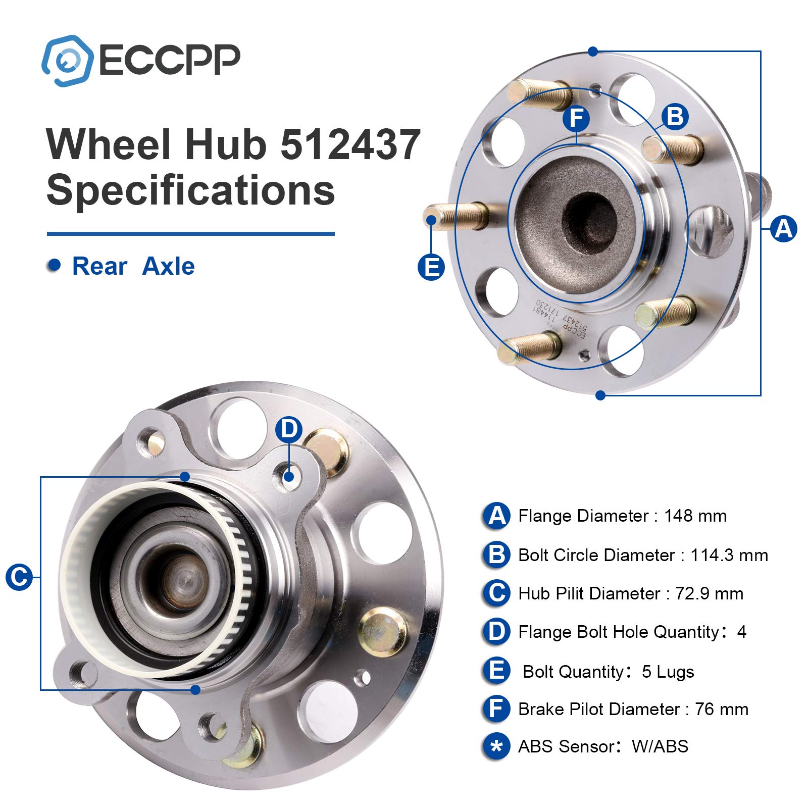 ECCPP Rear 5 Lugs Wheel Bearing and Hub Assembly For 11-16 For Hyundai Azera 10-14 For Hyundai Sonata 09-15 For Hyundai Tucson 1