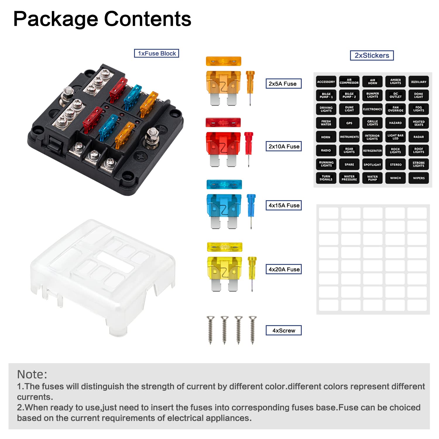 Knfrxo 6 Way Fuse Block, 12 Volt Waterproof Boat Fuse Panel With Led Warning Indicator Damp-Proof Cover, Compatible With Car Motorcycle Rv Truck Marine Golf Cart, Dc 12-24V, 12 Pcs Fuse Included