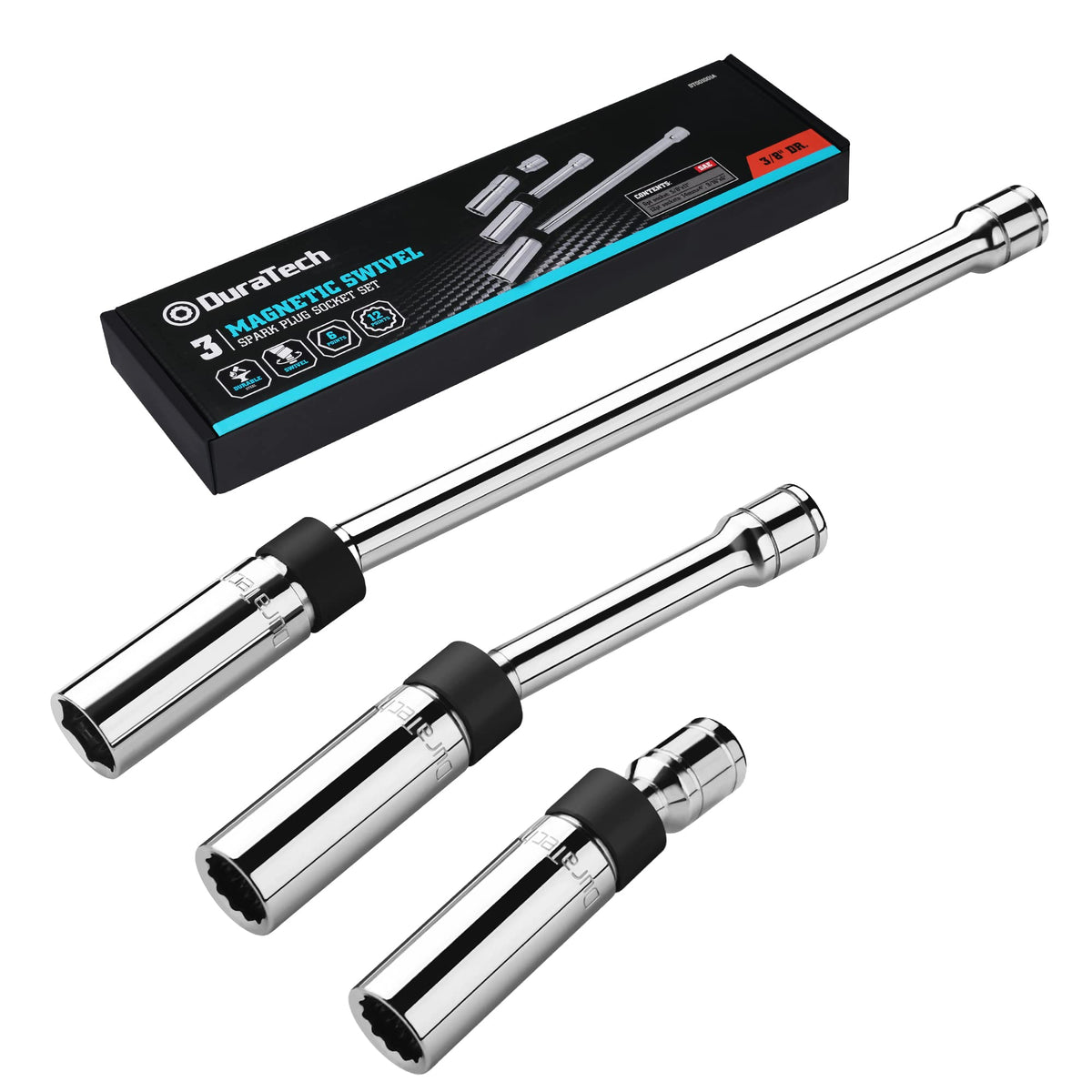 Duratech 3Pc Magnetic Swivel Spark Plug Socket Set-Includes 5/8-Inch,9/16-Inch,14Mm Sockets & 3/8-Inch Drive With 6-Point And12-