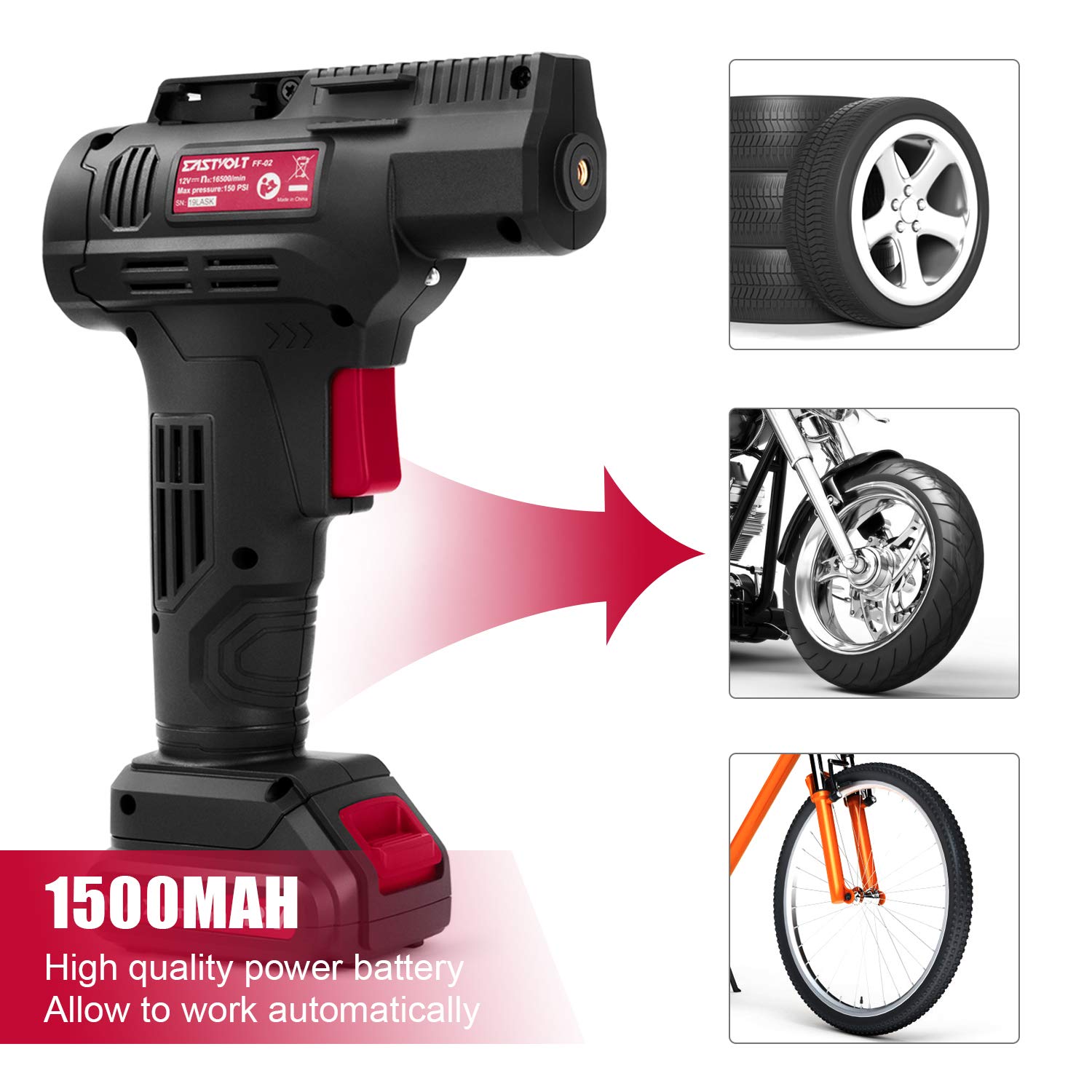 Eastvolt 12V Tire Inflator Air Compressor, Multi-Purpose Electric Power, Max 150Psi With 4-Unit Measurement Gauge, 3 Nozzles, Fast Charger And 1.5 Ah Rechargeable Battery