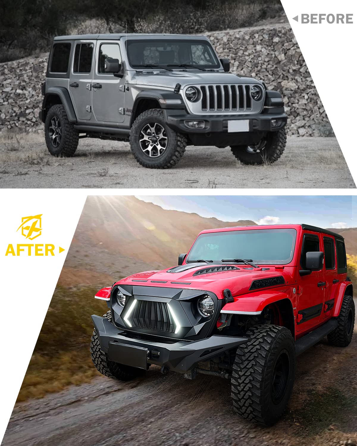 Xprite Front Grill W/Led Light Include Running, Turn Signals, Unique Patented Design Compatible With 2018-2025 Jeep Wrangler Jl