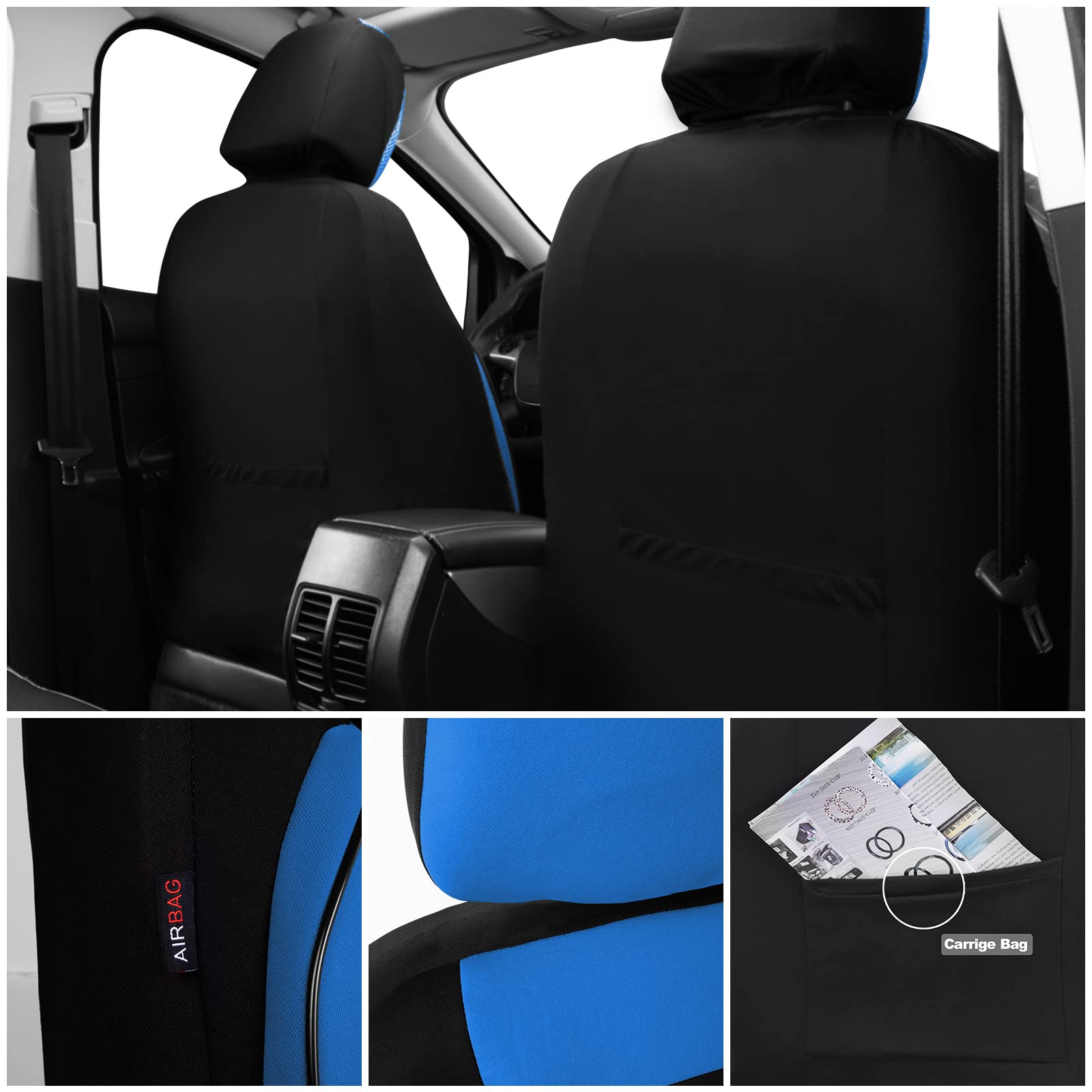 Car Pass 3D Foam Back Support,Universal Two Front Car Seat Cover Cloth -100% Comfortable &Breathable& All Season. Fit Automotive,Suv,Sedan,Van, Airbag Compatible Elegance Stylish (Blk Blue