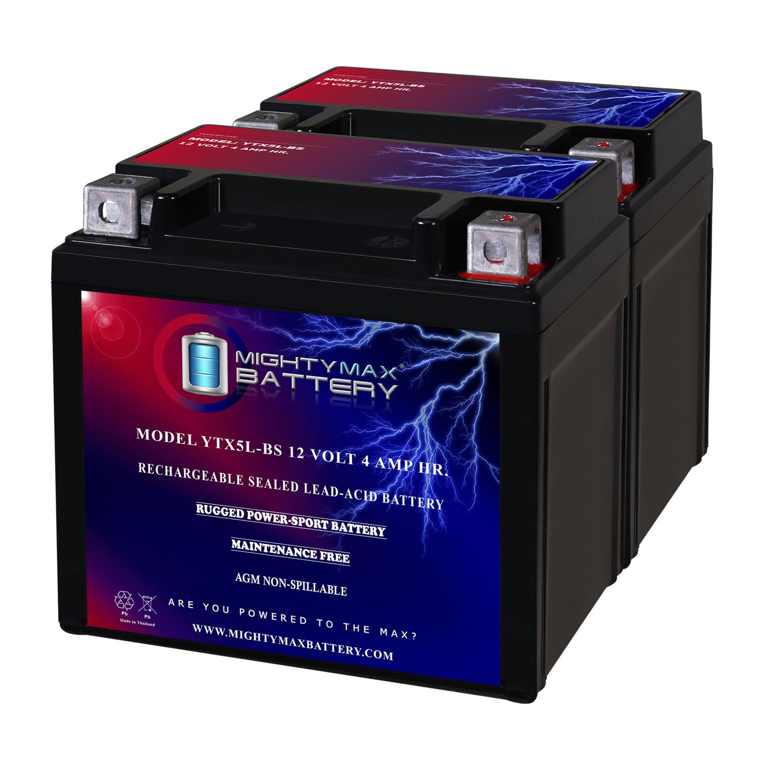 Ytx5L-Bs -12 Volt 4 Ah, 80 Cca, Rechargeable Maintenance Free Sla Agm Motorcycle Battery - 2 Pack