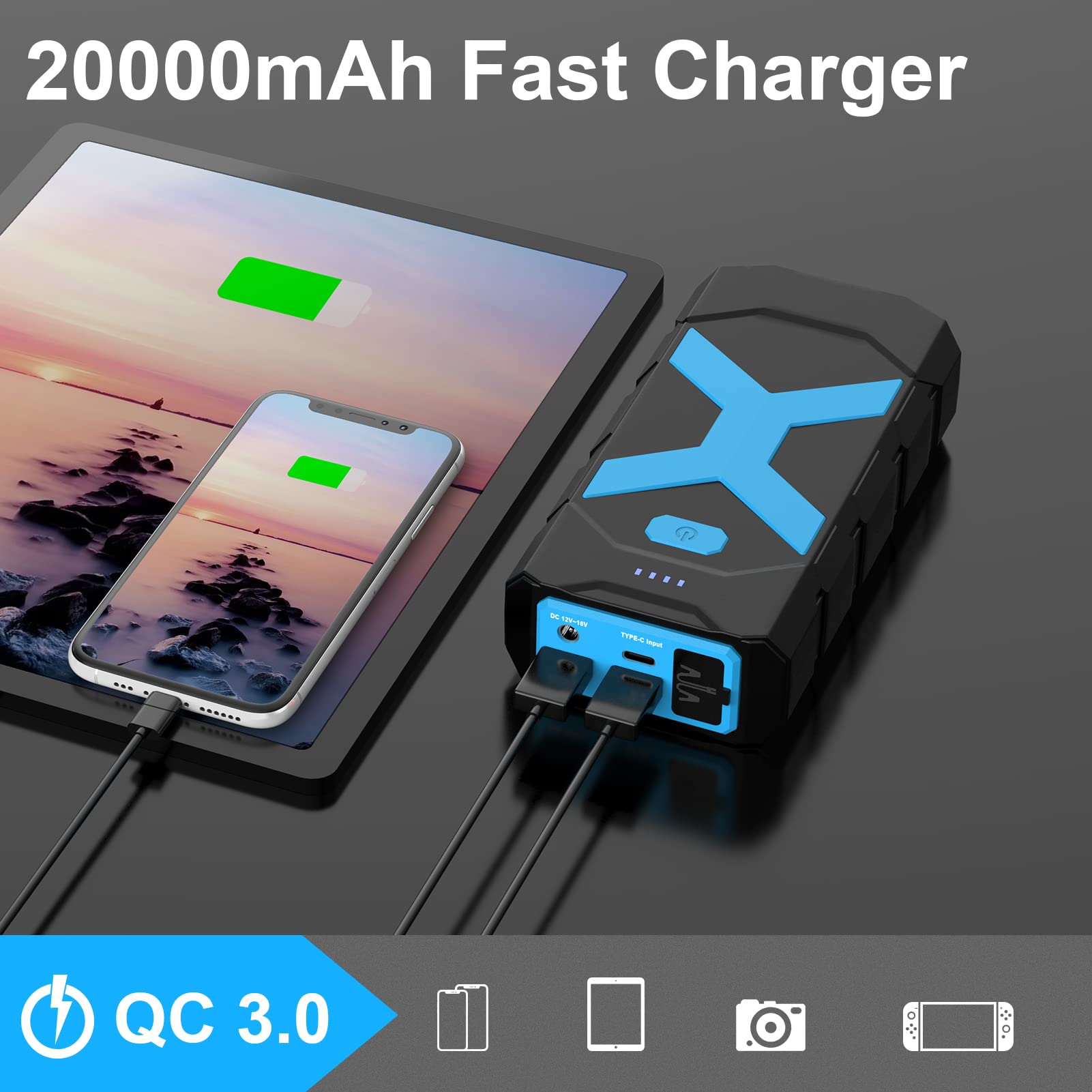 2000A Jump Starter Battery Pack 12V Battery Jumper Starter Portable 20000Mah Car Battery Jump Starter With Usb Qc 3.0 Car Jumper