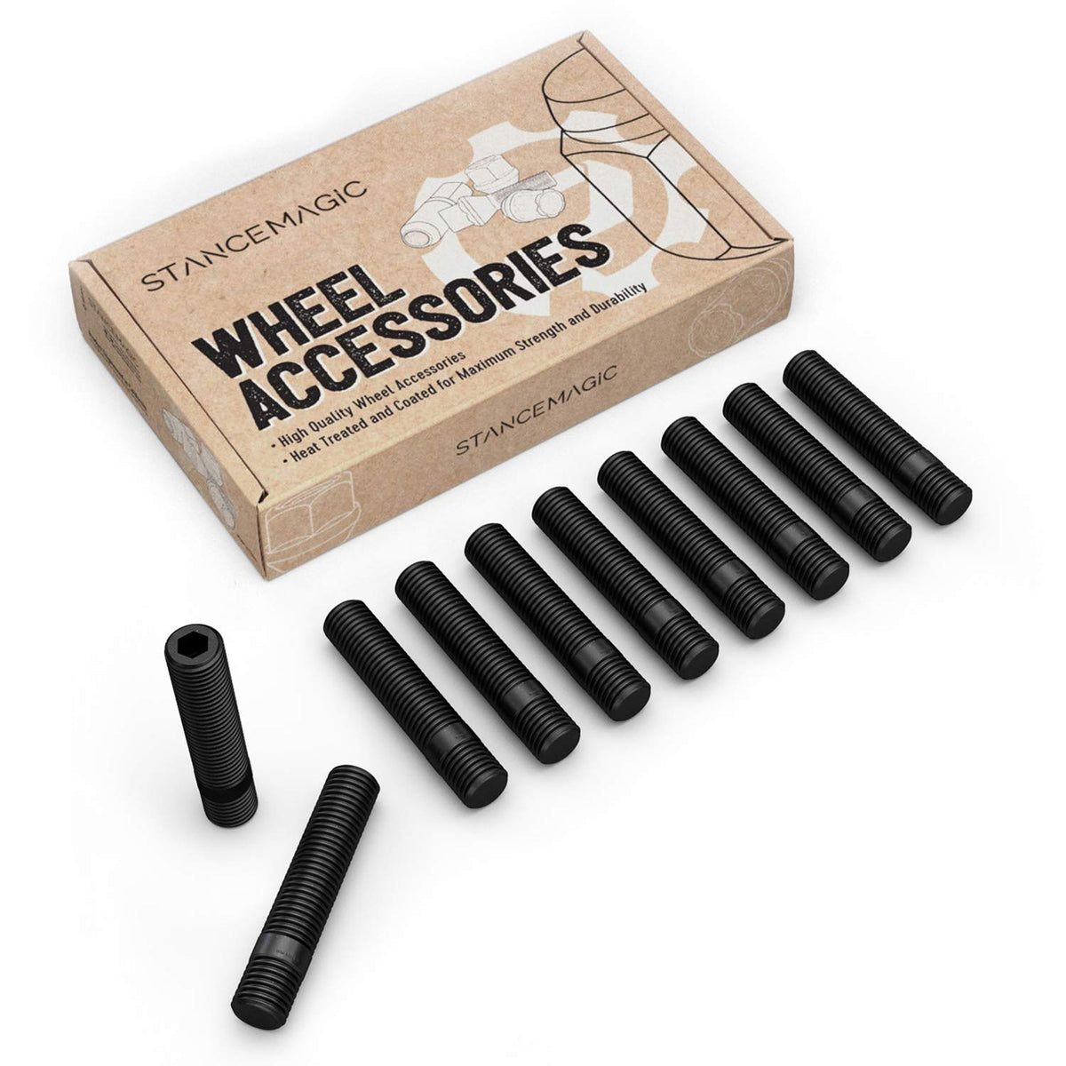 10pcs Extended Black Wheel Stud Conversion - 12x1.5 to 12x1.5, 80mm Total Length, 63mm Shank Length - Compatible with BMW Vehicl