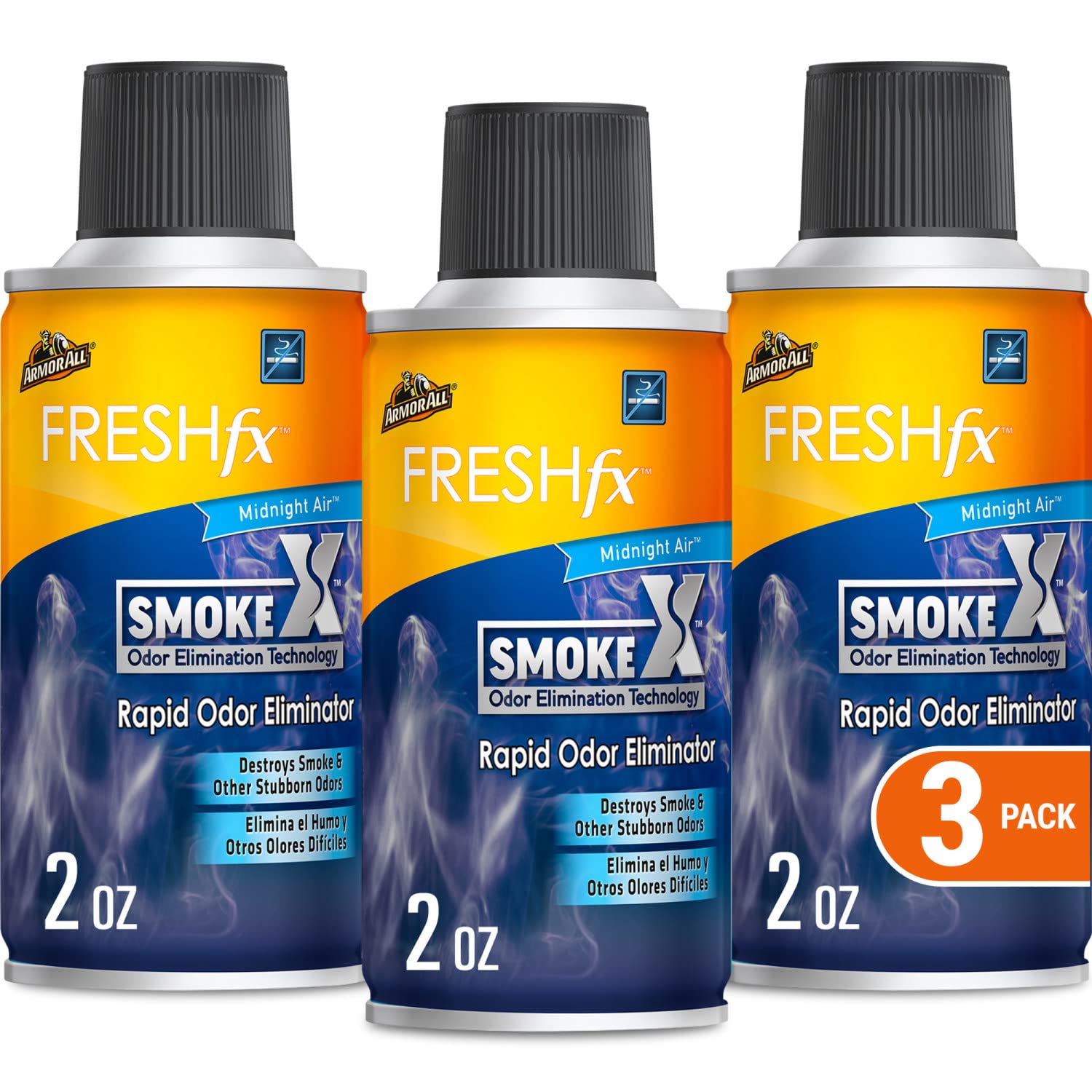Armor All Fresh FX Smoke X Car Odor Eliminator Spray Pack, Car Air Fresheners, Set of 3, Midnight Air Scent, 2 Oz Each