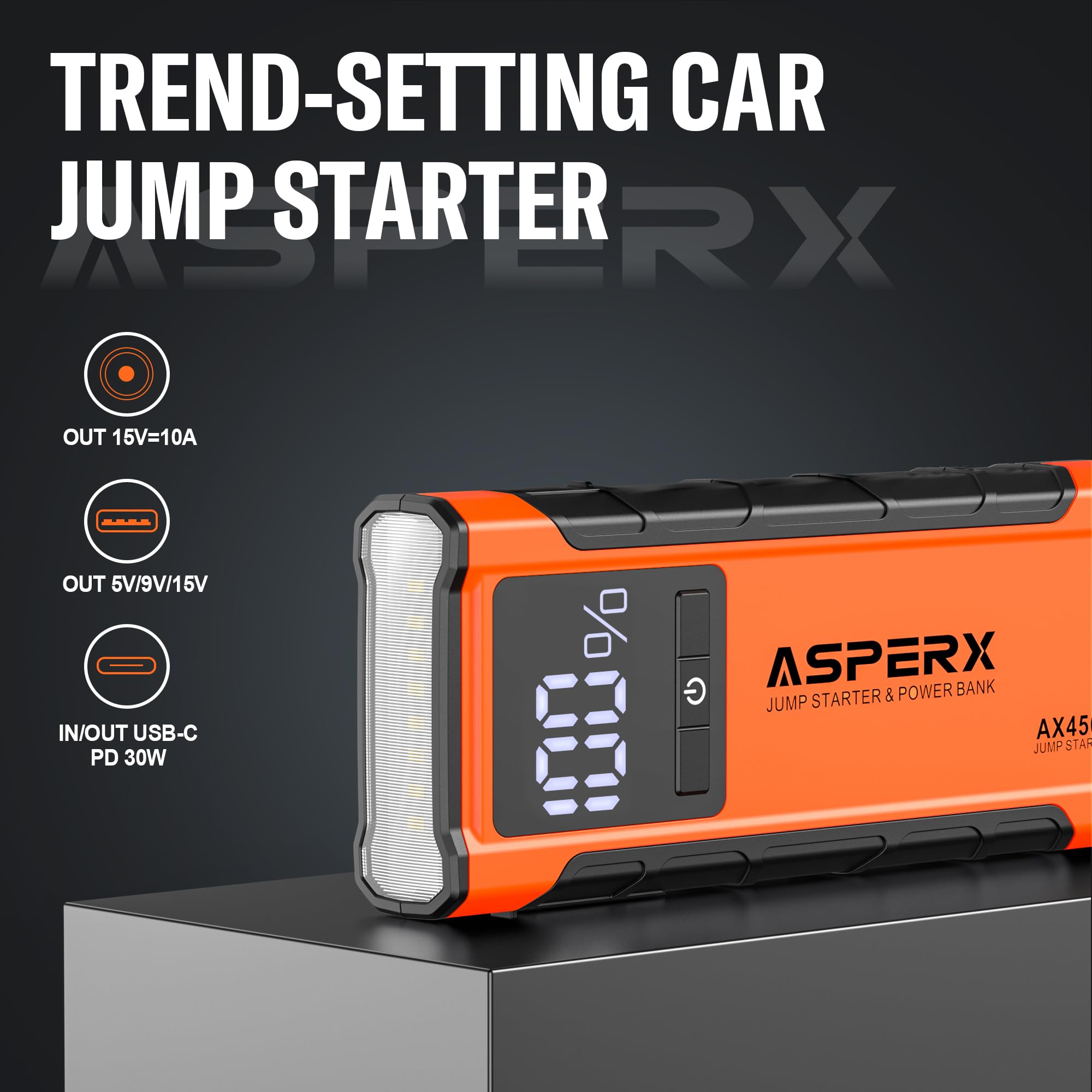 Asperx Ax4500 Jump Starter,4500A Peak Car Starter For Up To All Gas And 10.0L Diesel Engines,12V Battery Starter With 4 Inch Lcd