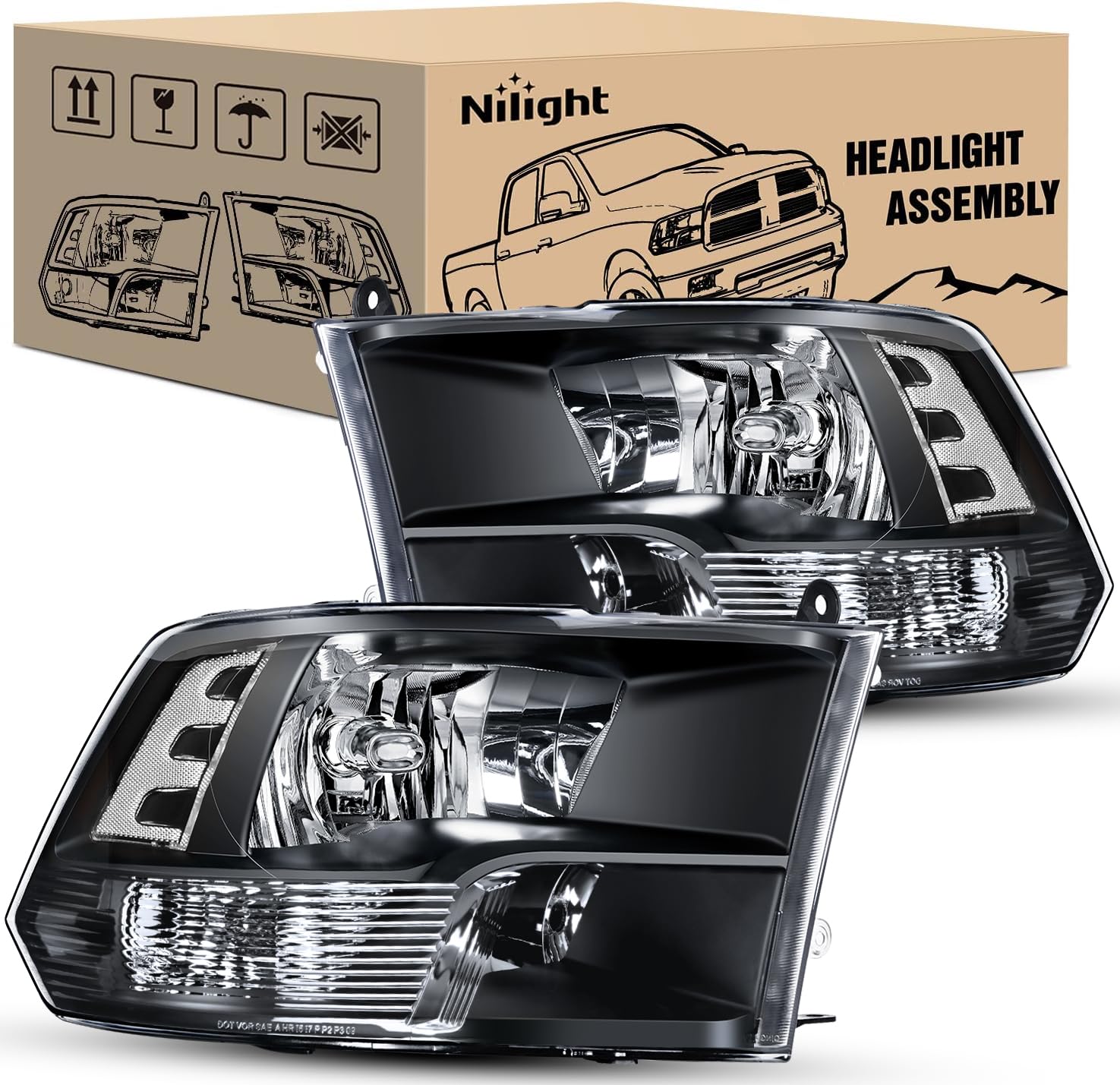 Nilight Quad Headlamp Assembly Replacement For 2009-2018 Ram 1500 2500 3500 Pickup - Black Housing, Clear Corner, Clear Lens