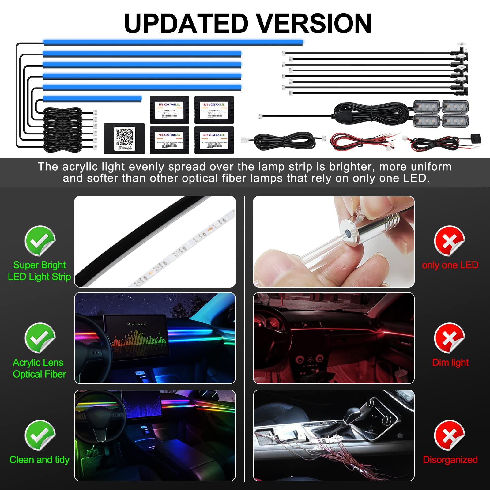 Acrylic Interior Car Led Strip Light With Wireless App, Rgb 18 In 1 With 175 Inches 593 Leds Fiber Optic Ambient Lighting Kits,