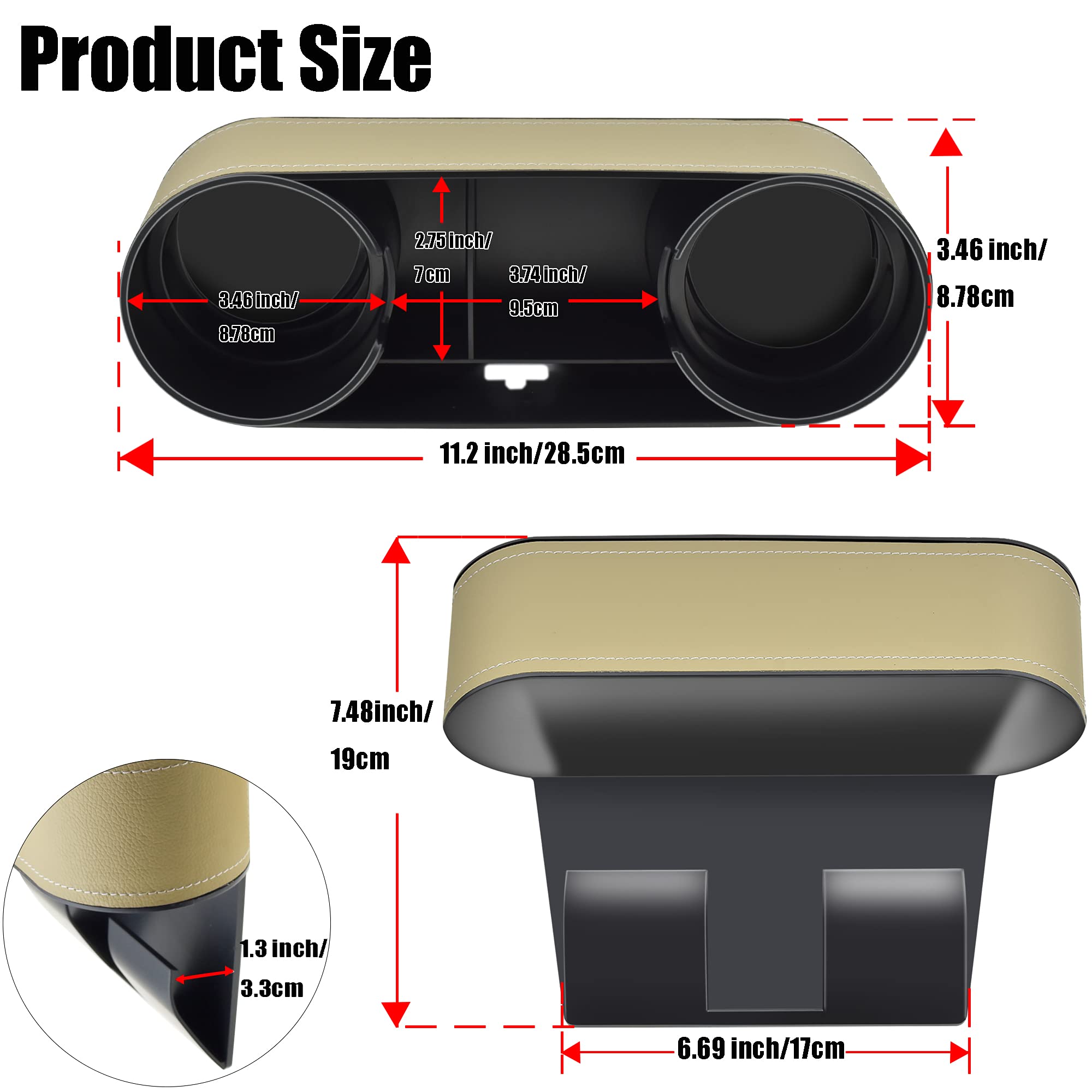 Iokone Car Cup Holder, Auto Front Seat Organizer, Multifunctional Cup Drink Holders With Pu Leather Cover, Gap Filler Storage Bo