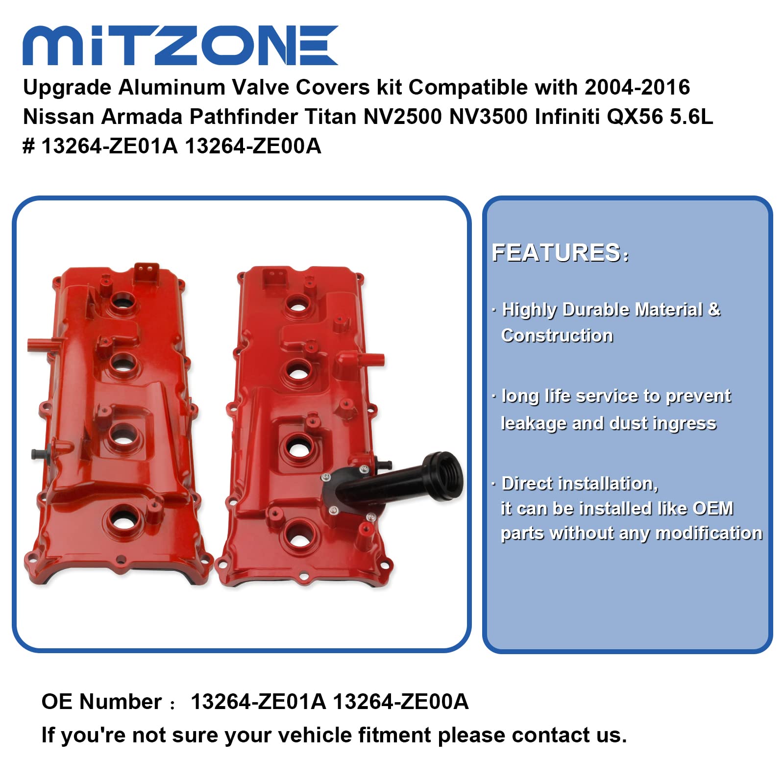 Mitzone Upgrade Aluminum Valve Covers Kit Compatible With Nissan Armada Titan 2004-2016 Pathfinder 2008-2012 Nv2500 Nv3500 2012-2017 Infiniti Qx56 2004-2010 V8 5.6L # 13264-Ze01A 13264-Ze00A (Red)
