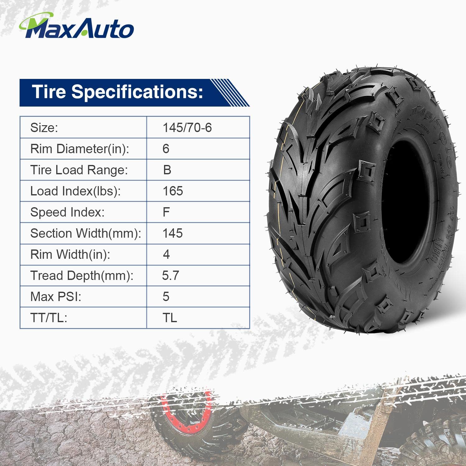 Maxauto 145 70-6 Tires, 145/70-6 Tubeless Go Kart Mini Bike Tires, 4Pr, Pack Of 2