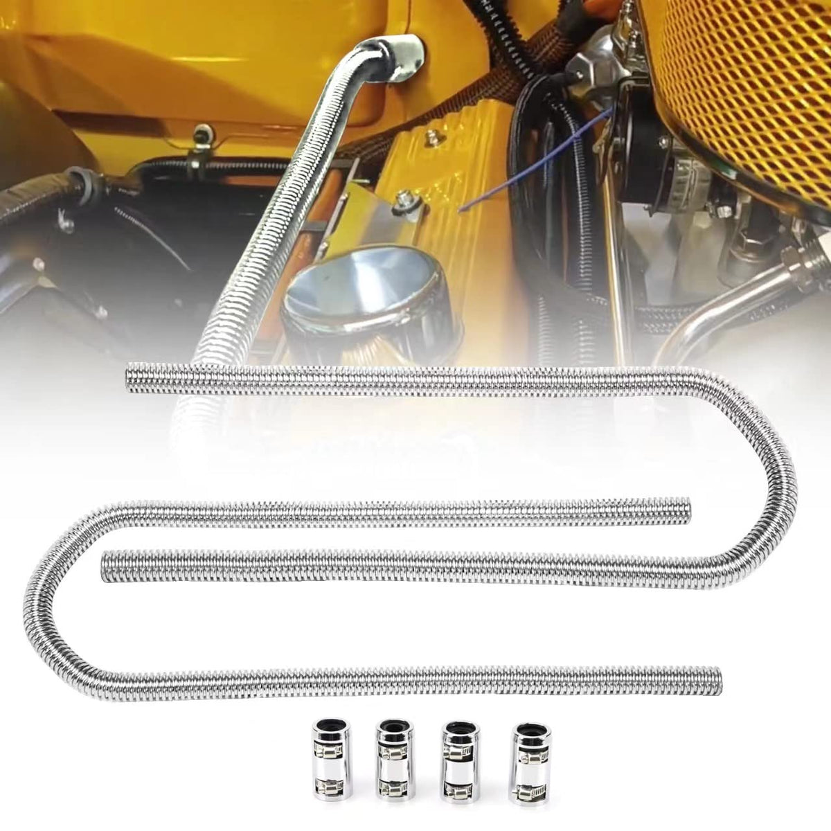 iRKY 44 Flexible Heater Hose Kit Stainless Steel Universal Heater Water Hoses Fits 5/8 3/4 Necks, Heater Hose*2 (4 Chrome 