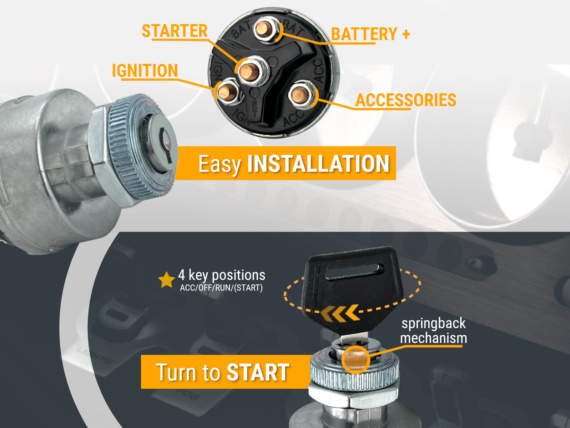 Mgi Speedware 4-Position Universal Ignition Key Switch For 12V Car, Truck, Tractor, Trailer, Forklift - Acc/Off/Ign/(Start)