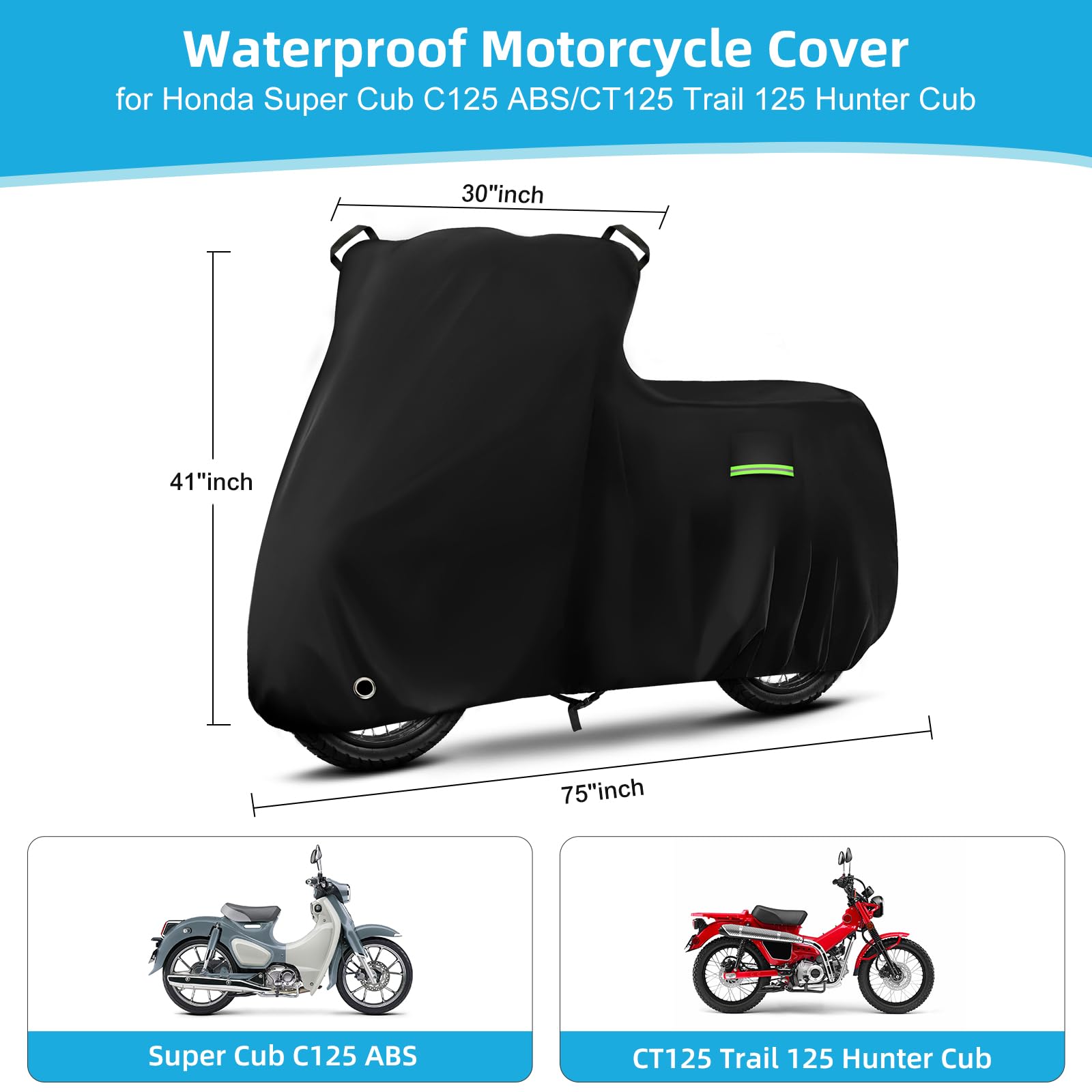 Motorcycle Cover Waterproof for Honda Super Cub C125 ABS/Trail 125/Yamaha Zuma 125/Honda Ruckus, Heavy Duty Outdoor Sun UV Rain