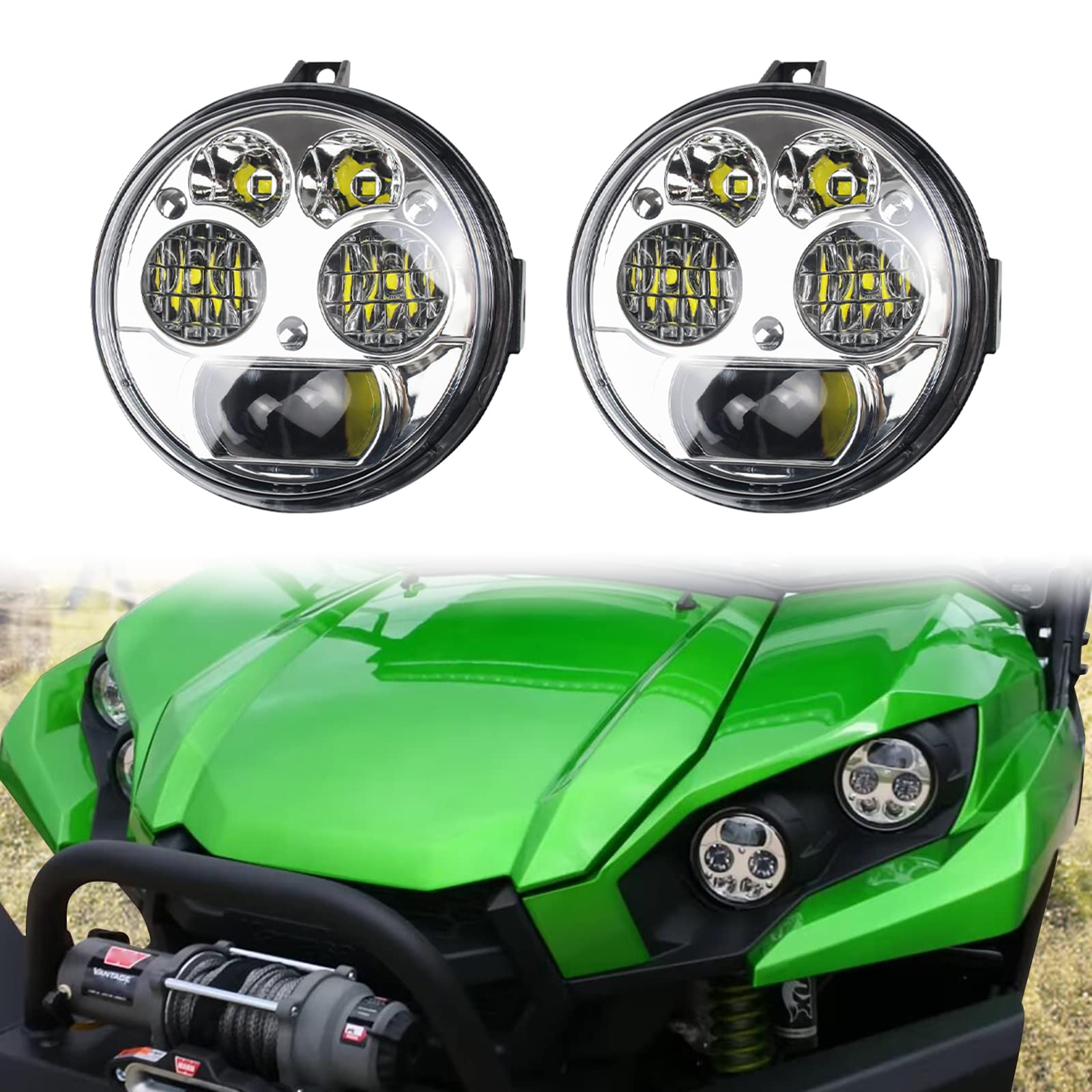 Cpowace Led Headlight For Brute Force Accessories, Pair Chrome 12V 4.5 Inch High Low Beam Front Head Lamp Assembly Compatible Wi