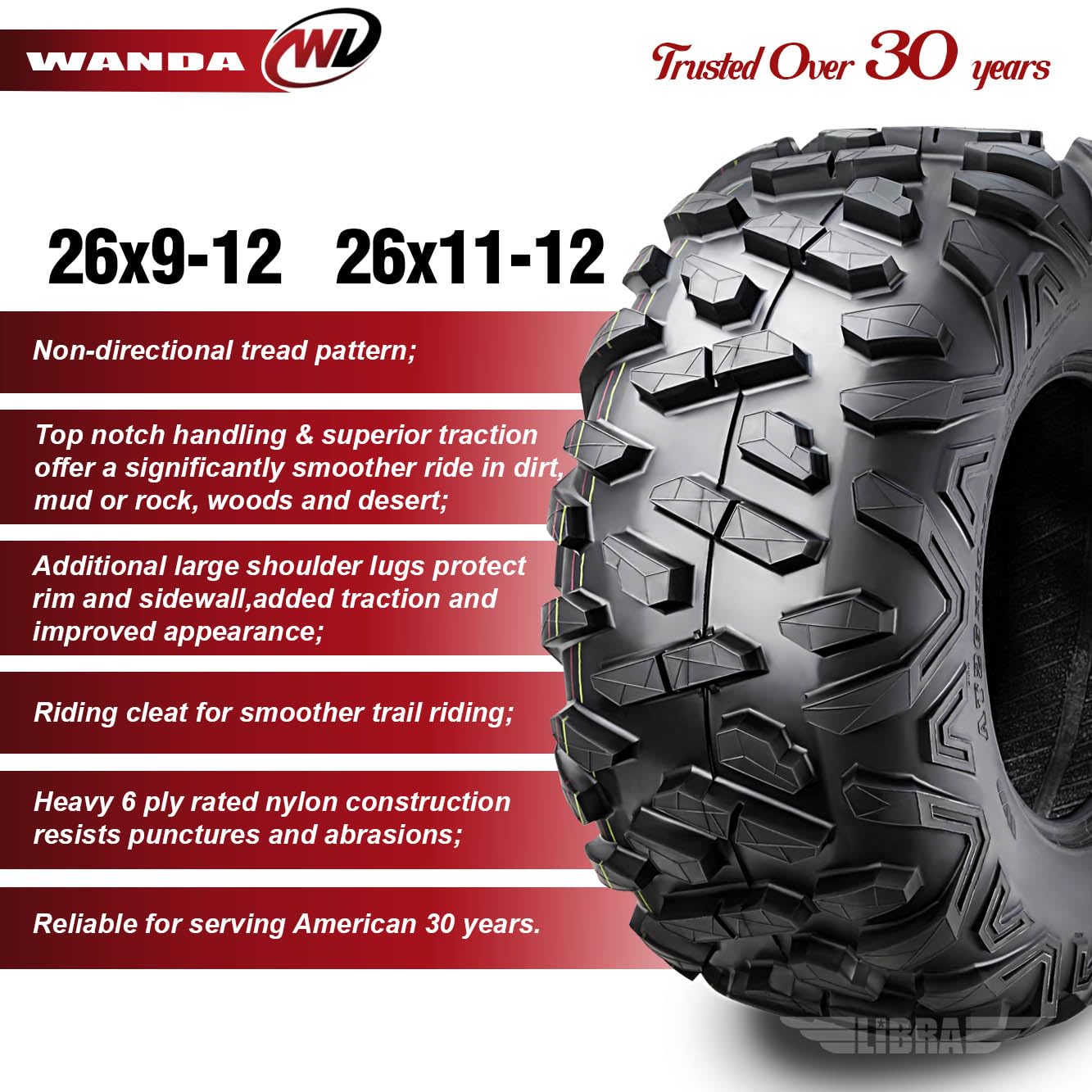 Wanda Set Of 4 Atv Tires At 26X9-12 Front & 26X11-12 Rear /6Pr P3501-10377/10378