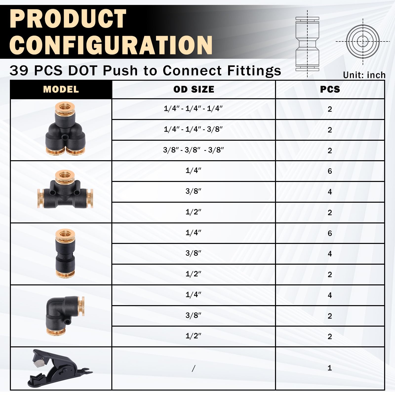 Cheemuii 39 Pcs Dot Air Line Quick Connect Fittings 1/4'' 3/8'' 1/2'' Push To Connect Fittings Dot Brass Air Hose Fittings Repai