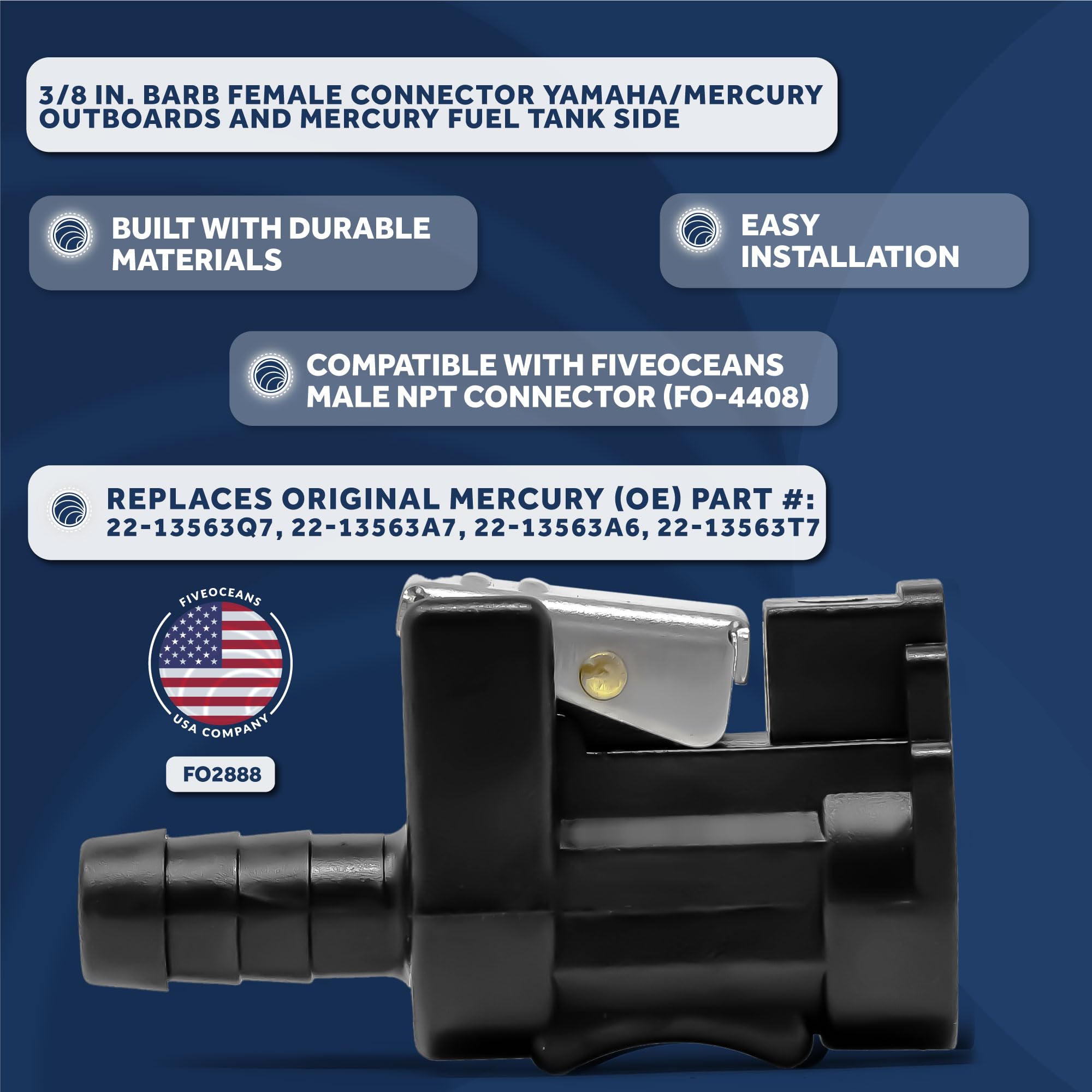 Five Oceans 3/8-Inch Barb Female Fuel Line Quick Connector For Yamaha/Mercury Outboard Connections And Mercury Fuel Tank Side, Replaces Part 22-13563Q7, 22-13563A7, 22-13563A6, 22-13563T7 - Fo2888