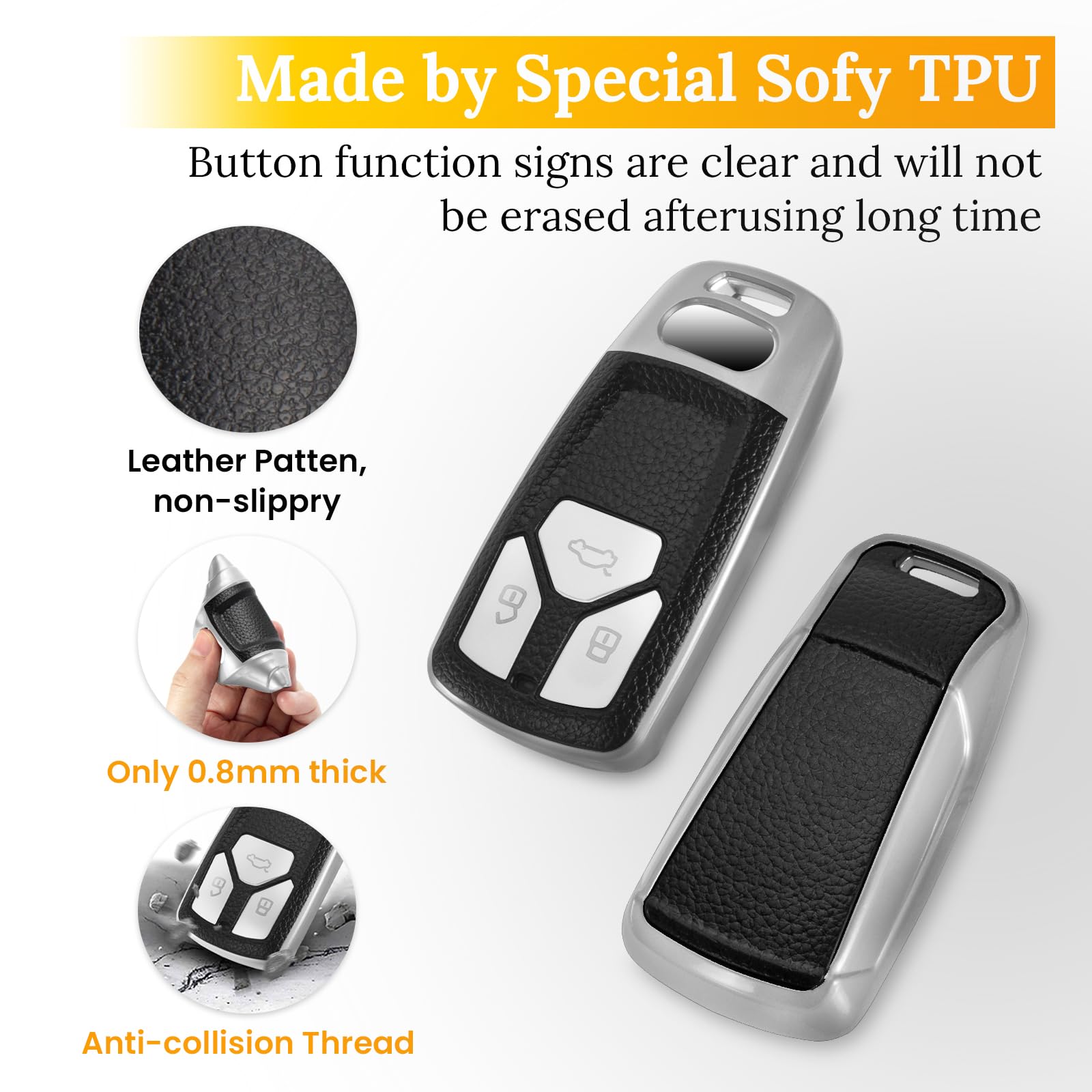 Ctrinews For Audi Key Fob Cover With Carbon Fiber Style Belt Keychain, Upgraded Soft Tpu Surface Grain Key Case For A4 A5 A6 Q3