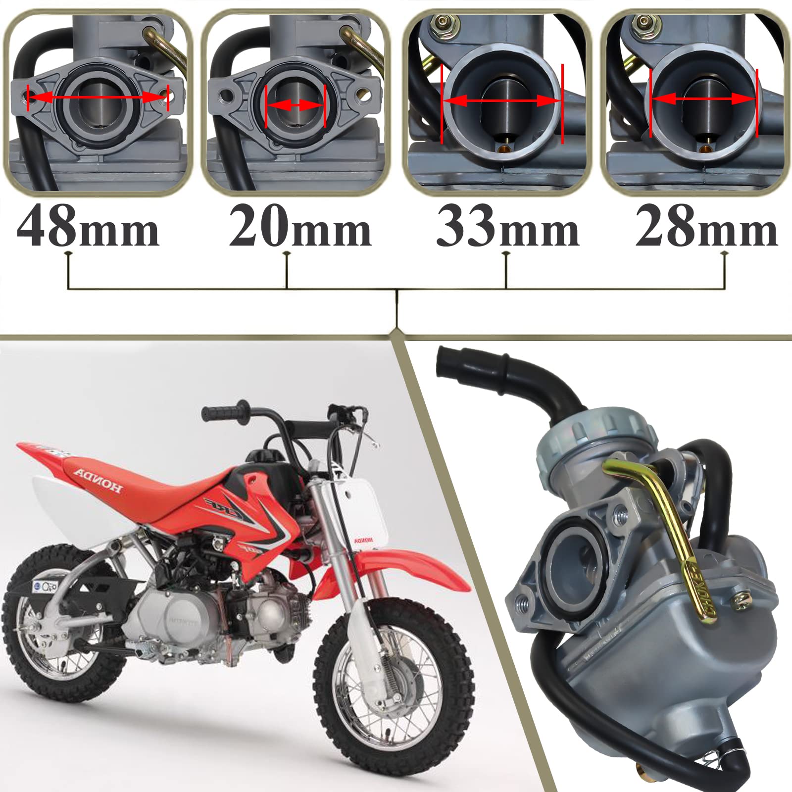GLENPARTS PZ20 Carburetor Rebuild Kit with 35mm Motorcycle Conical Air Filter for most 35mm Motorcycles For Honda CRF50F 2004-20