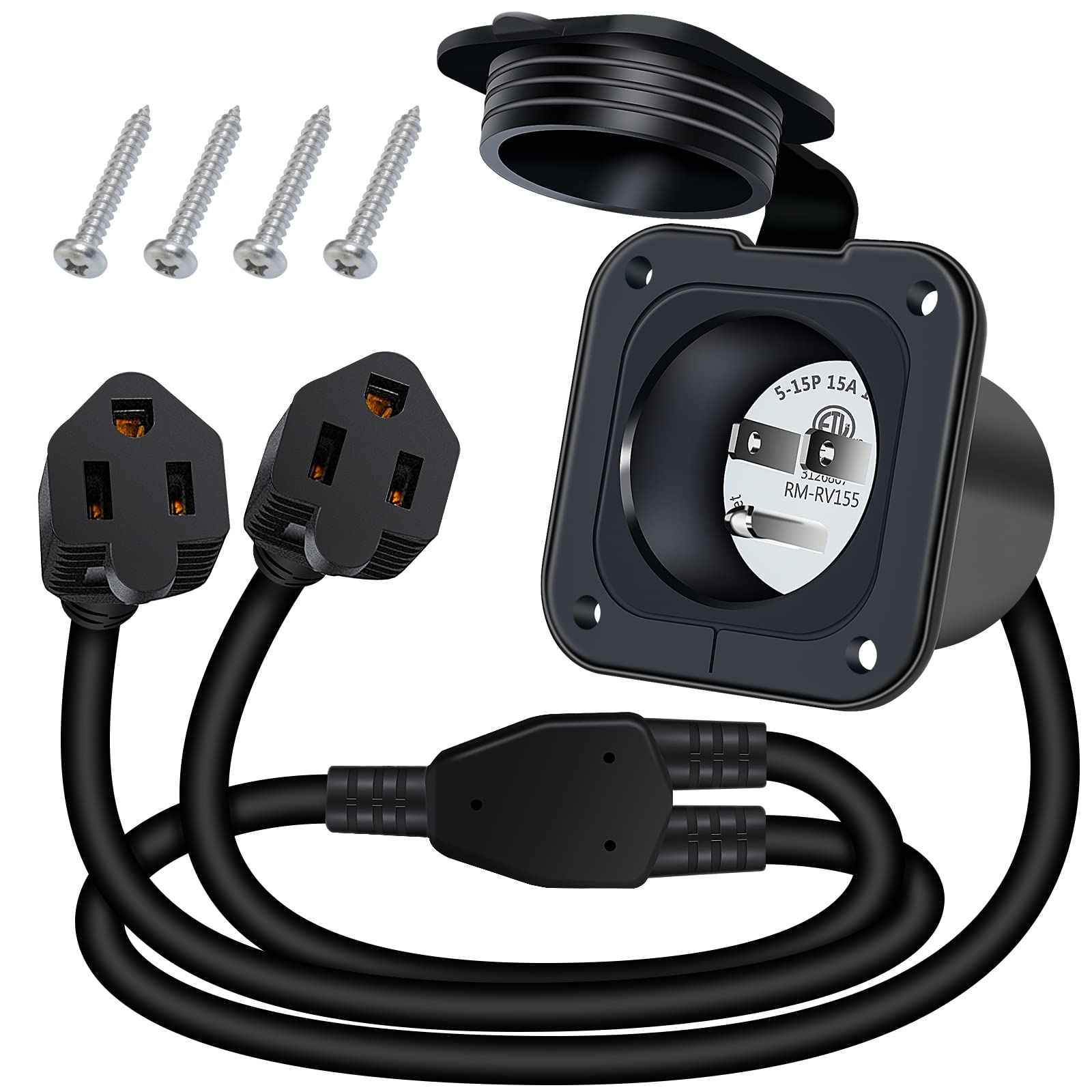 EilxMag 15 Amp 125V AC Power Inlet Port Plug Flanged Inlet NEMA 5-15P RV Power Outlet with Integrated Dual 24'' Cord ETL Approve