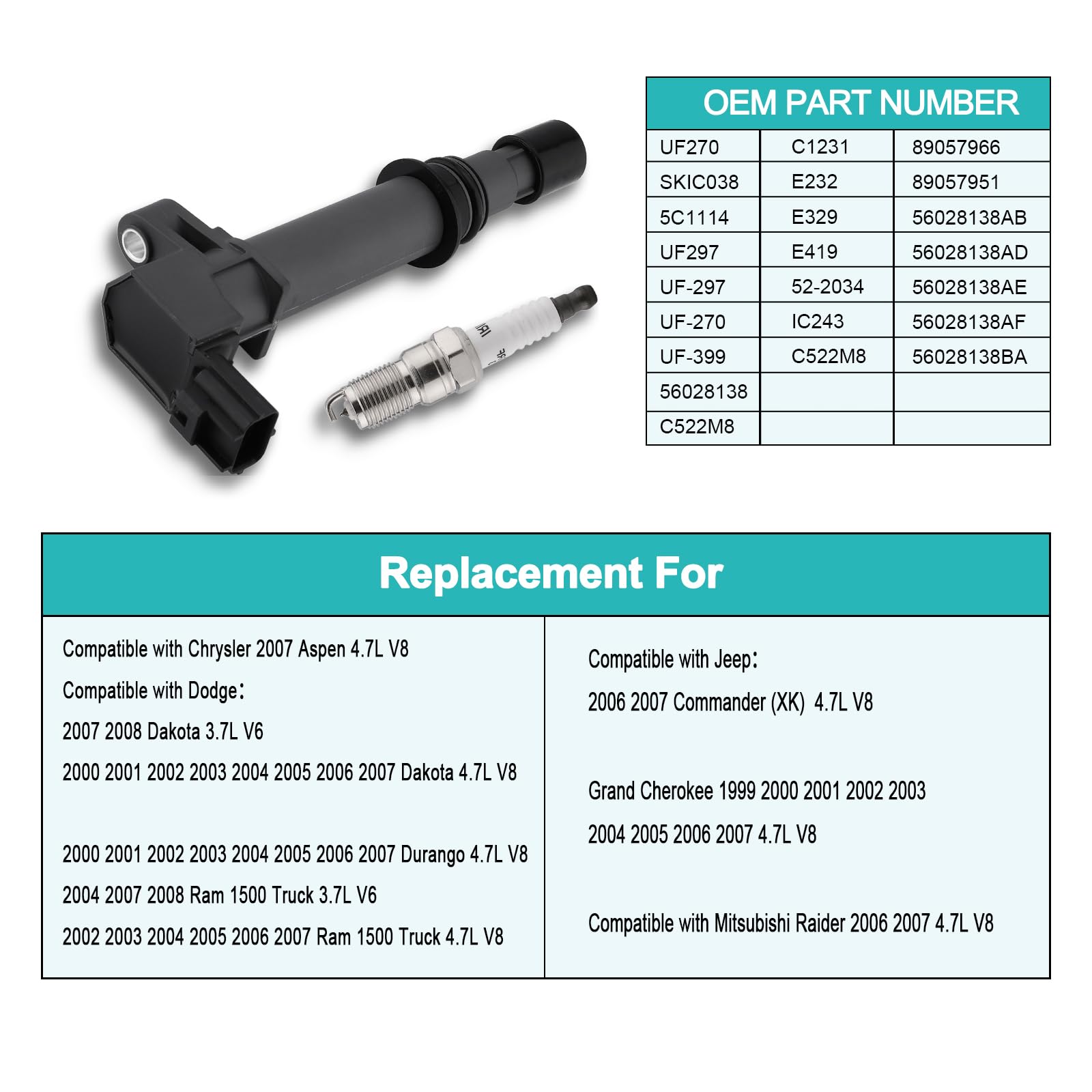 AULINK UF270 Set of 6 Ignition Coil Pack with Spartk Plug 3.7L 3.9L 4.7L For Jeep Commander Grand Cherokee Liberty,for Dodge Ram