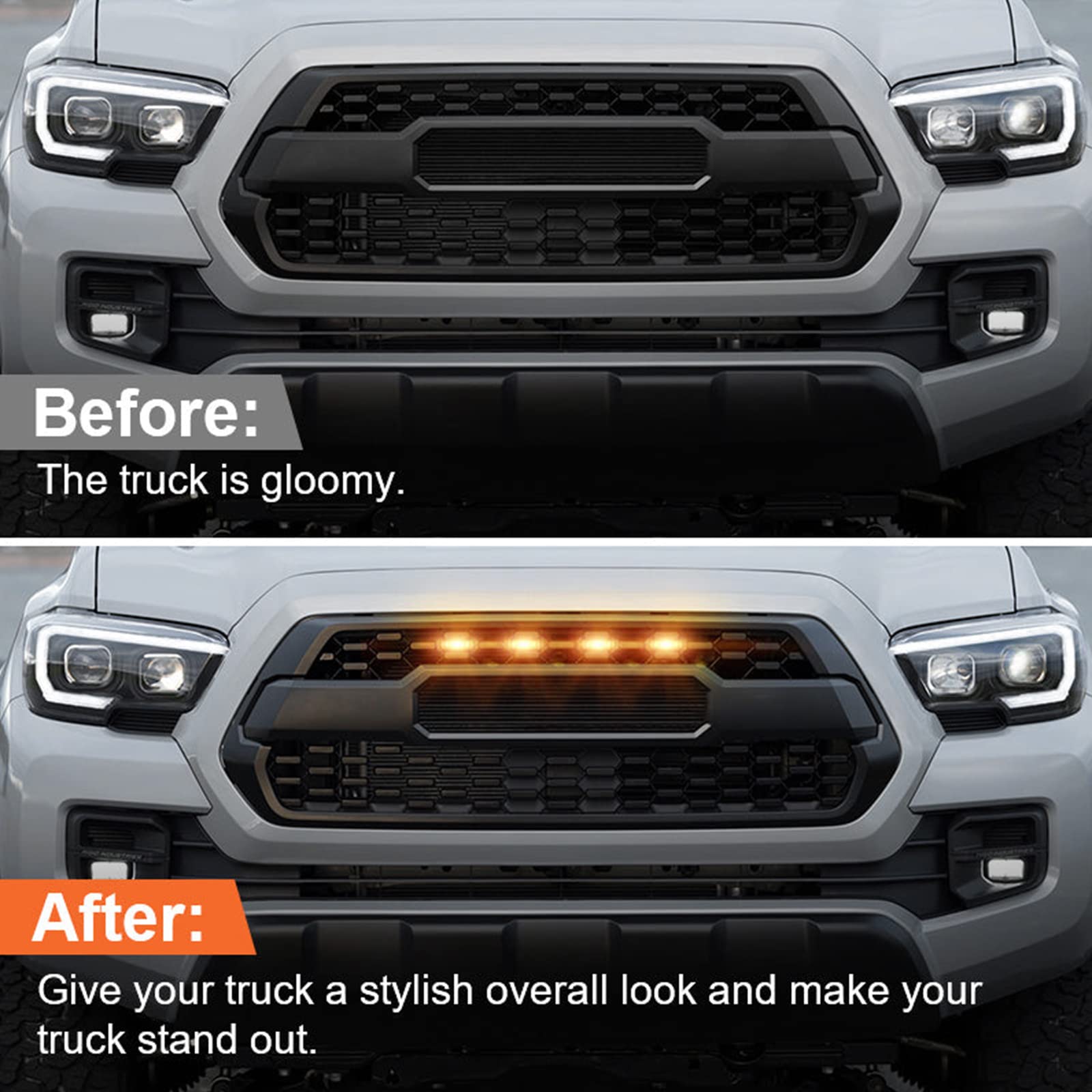Led Grill Lights For 2016-2022 Aftermarket Toyota Tacoma Trd Pro Grille With Harness & Fuse(Amber Light With Black Housing)