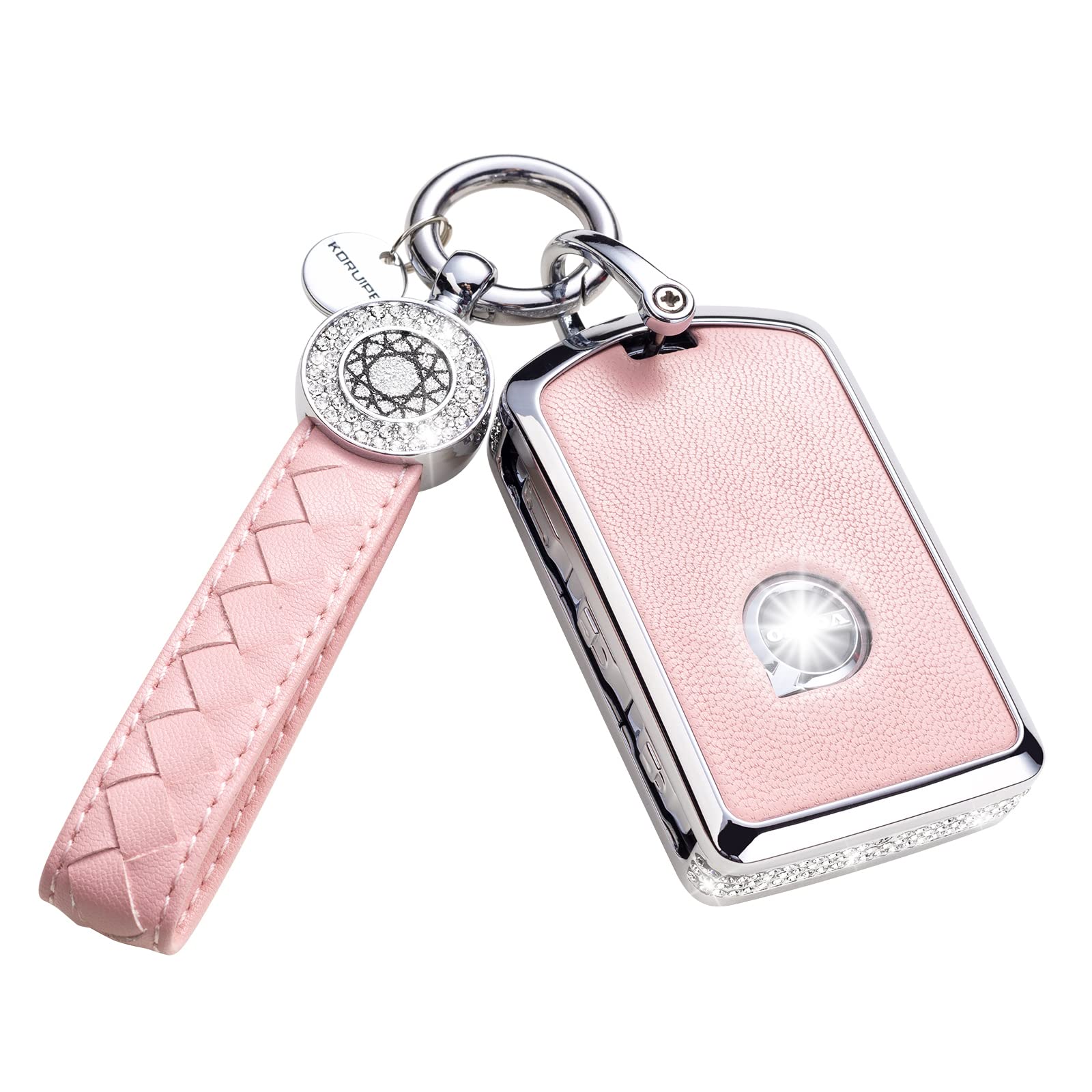 Ruabiban Key Fob Cover Compatible With Volvo, Pink Leather Crystal 360 Degree Protection Key Shell Case For Xc90, Xc60, Xc40, S6