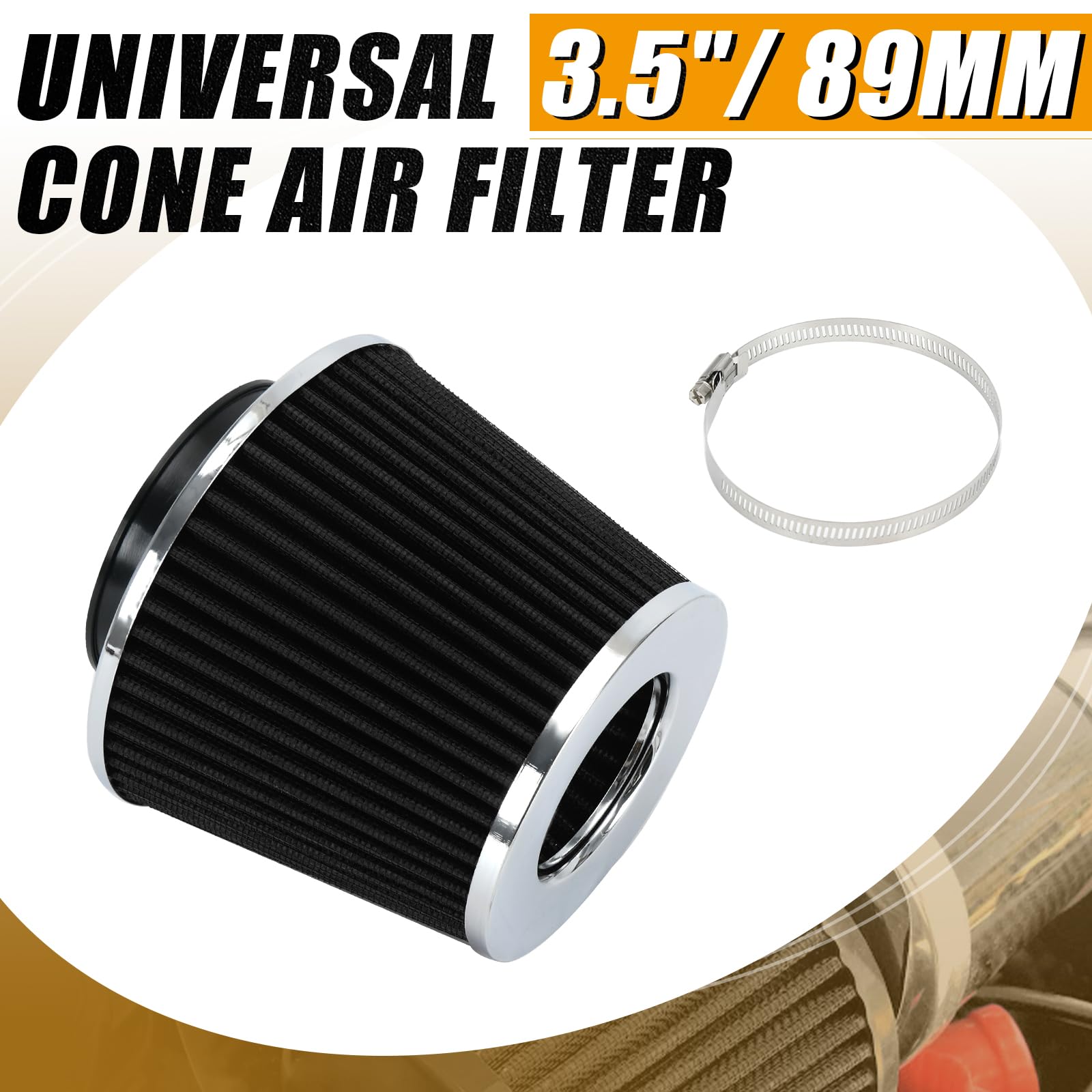 Ptnhz Universal Black 3.5'' 89Mm High Flow Cold Air Intake Cone Air Filter Power Intake Air Inlet System Air Cleaner