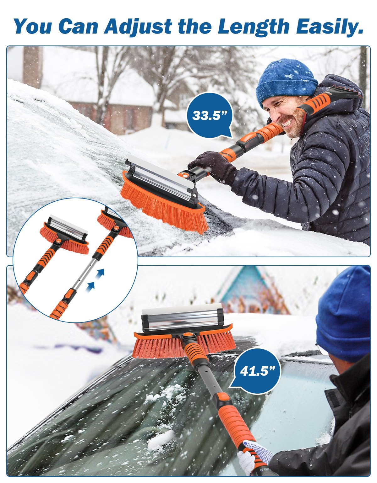 JOYTUTUS Extendable Snow Brush and Ice Scraper, 41.5" Telescoping, 270° Pivoting, Heavy Duty, Orange, Model 2904-00902