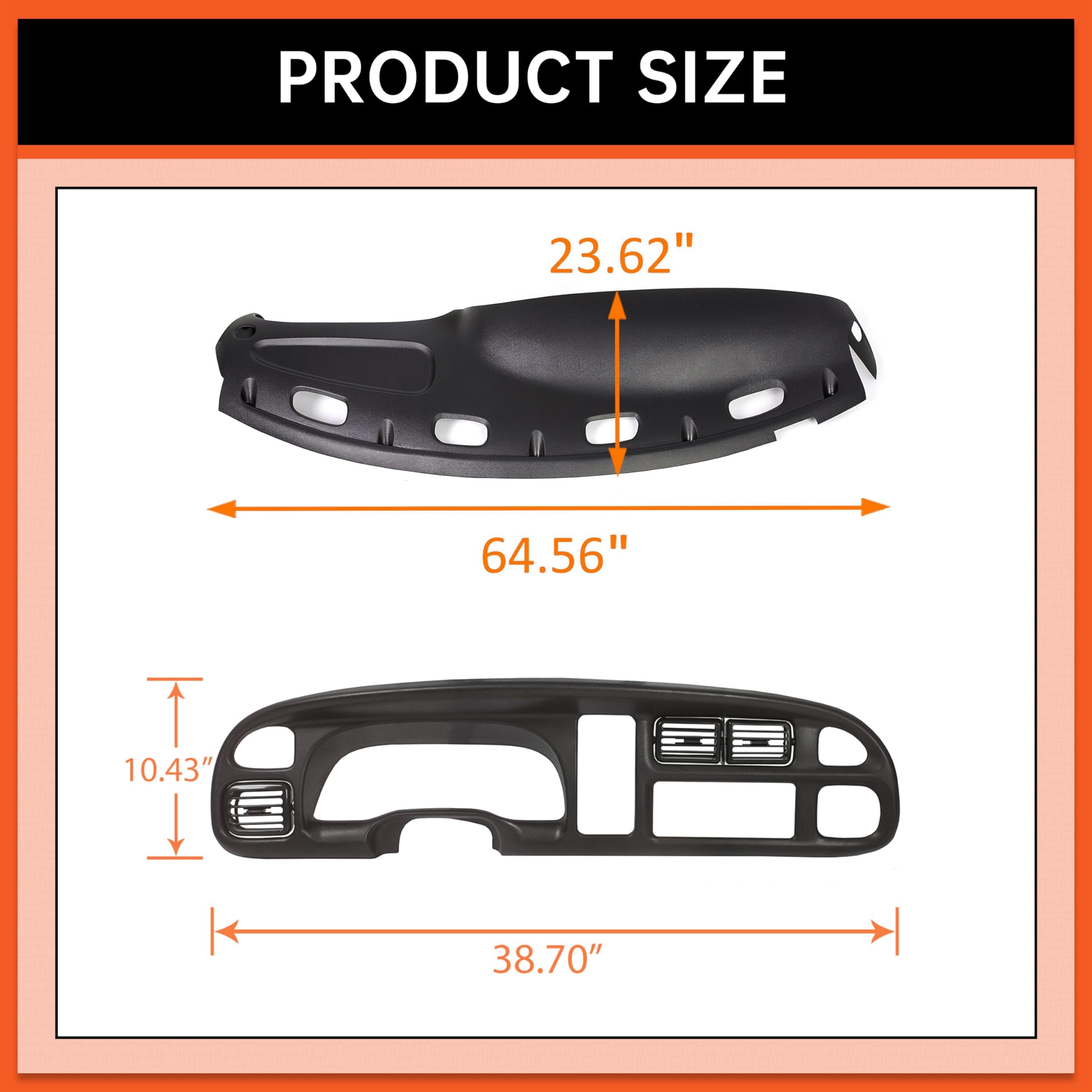 Ecotric Bezel Cover Instrument W/Vent & Dashboard Overlay Cover Kit Compatible With 1998-2002 Dodge Ram 1500 2500 3500 Bezel & D