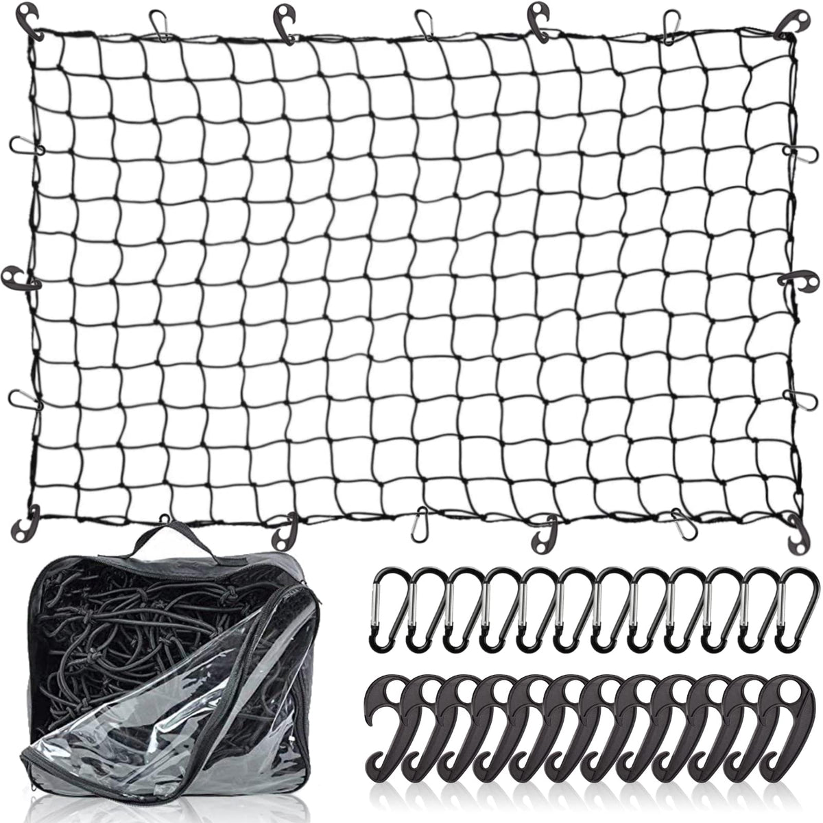 ZUOZE Natural Latex Core Super Duty Cargo Net for Pickup Truck Bed 4'x6' Stretches to 8'x12' | 12 Carabiners + 12 Hooks | Small 