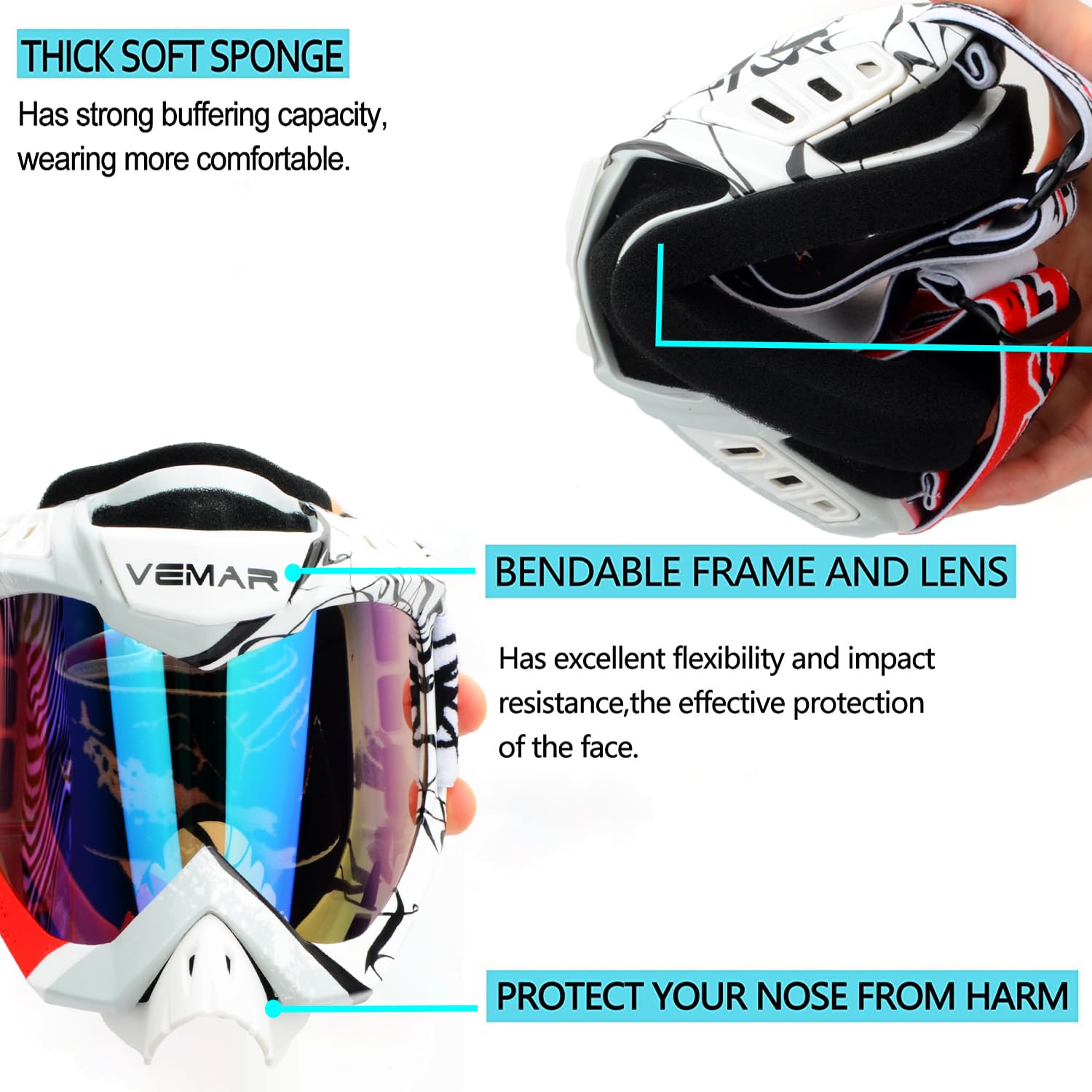 Ubelly Atv Dirt Bike Goggles - Windproof Dustproof Scratch Resistant Goggles For Adults, Men, Women & Youth (White & Red)