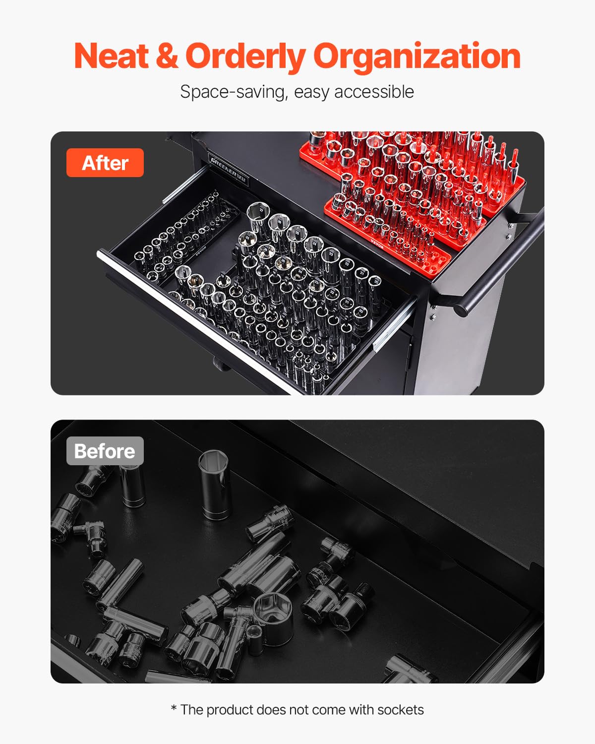 VEVOR Socket Organizer Set, 8PCS High-Rod Socket Holder, 1/4'', 3/8'' & 1/2'' Metric SAE Socket Trays with Clear Labels, Hold up