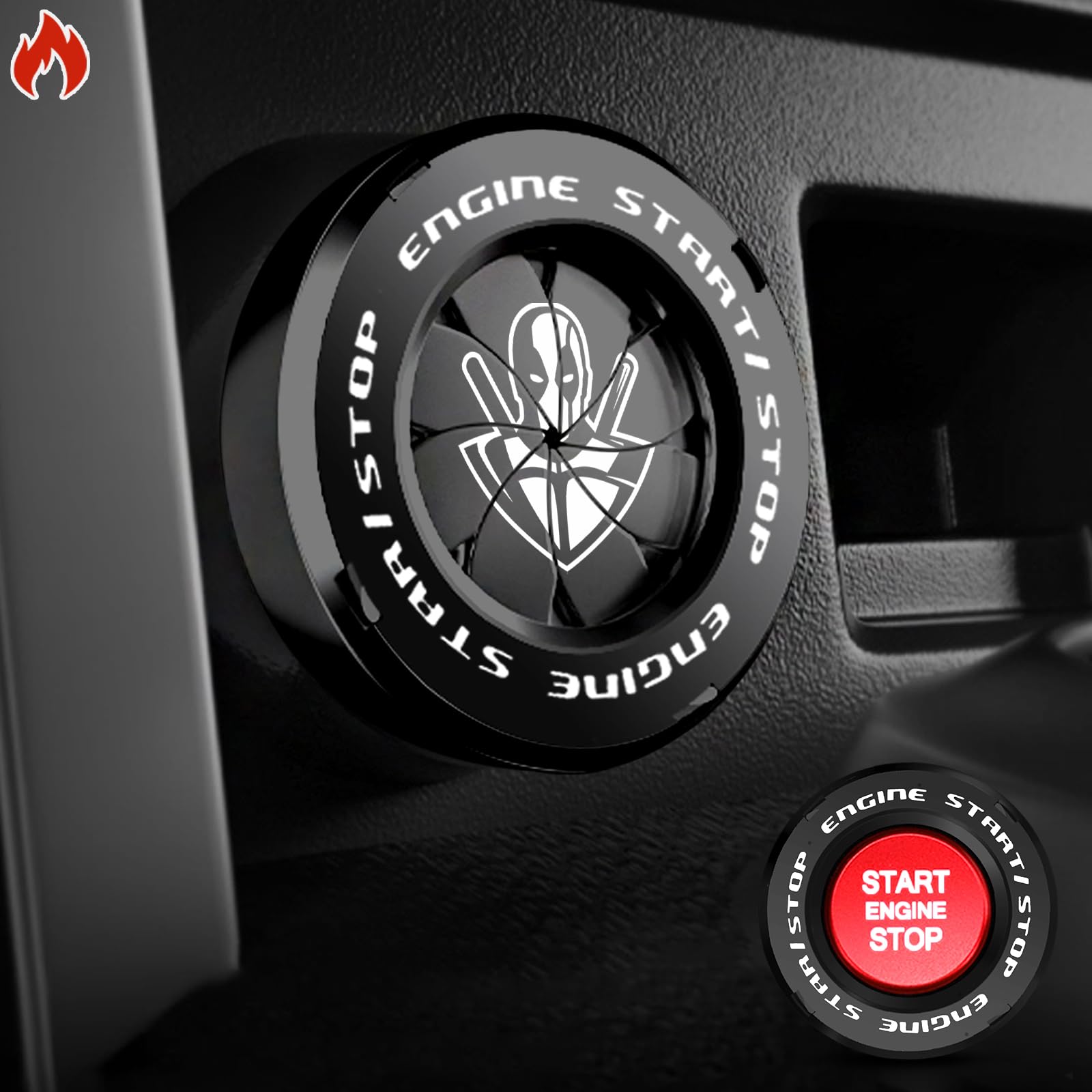 Tybasthe Rotary Push Start Button Cover, Deadpool Car Accessories Engine Start Stop Button Cover, Car Stickers Interior Decor, M