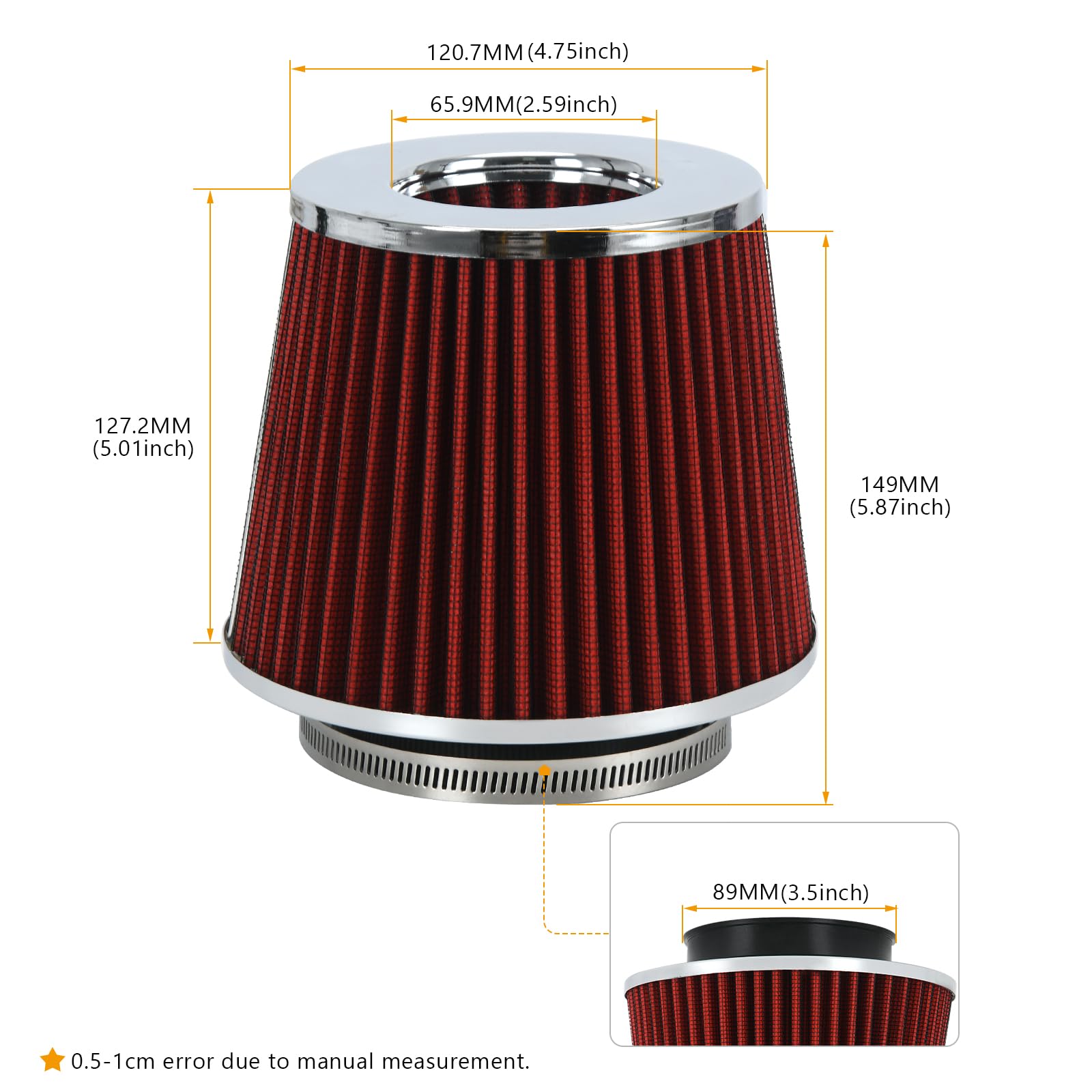 Ptnhz Universal Red 3.5'' 89Mm High Flow Cold Air Intake Cone Air Filter Power Intake Air Inlet System Air Cleaner