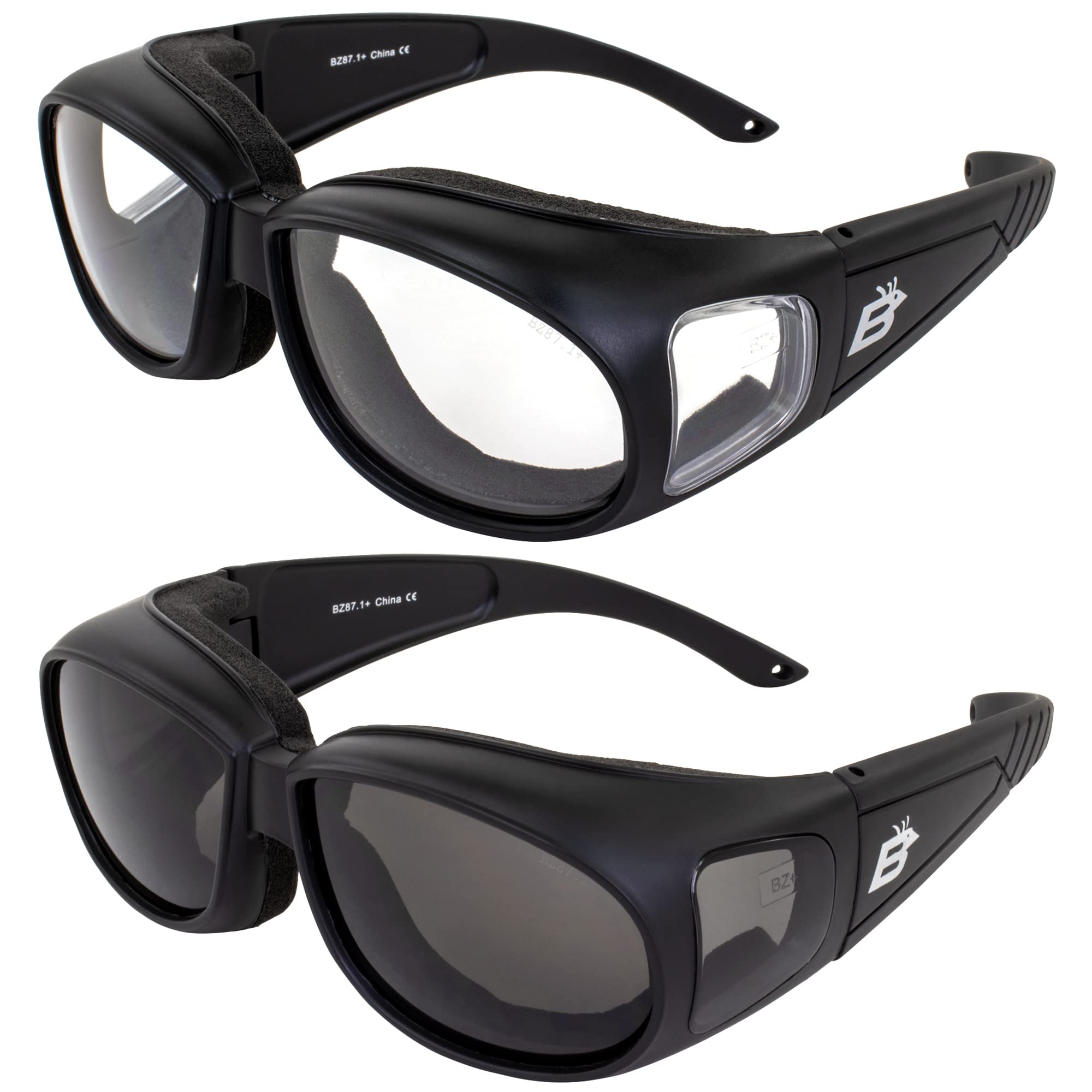 Birdz 2 Pairs Swallow Foam Padded Motorcycle Riding Glasses Black Frame Clear/Smoke Lens