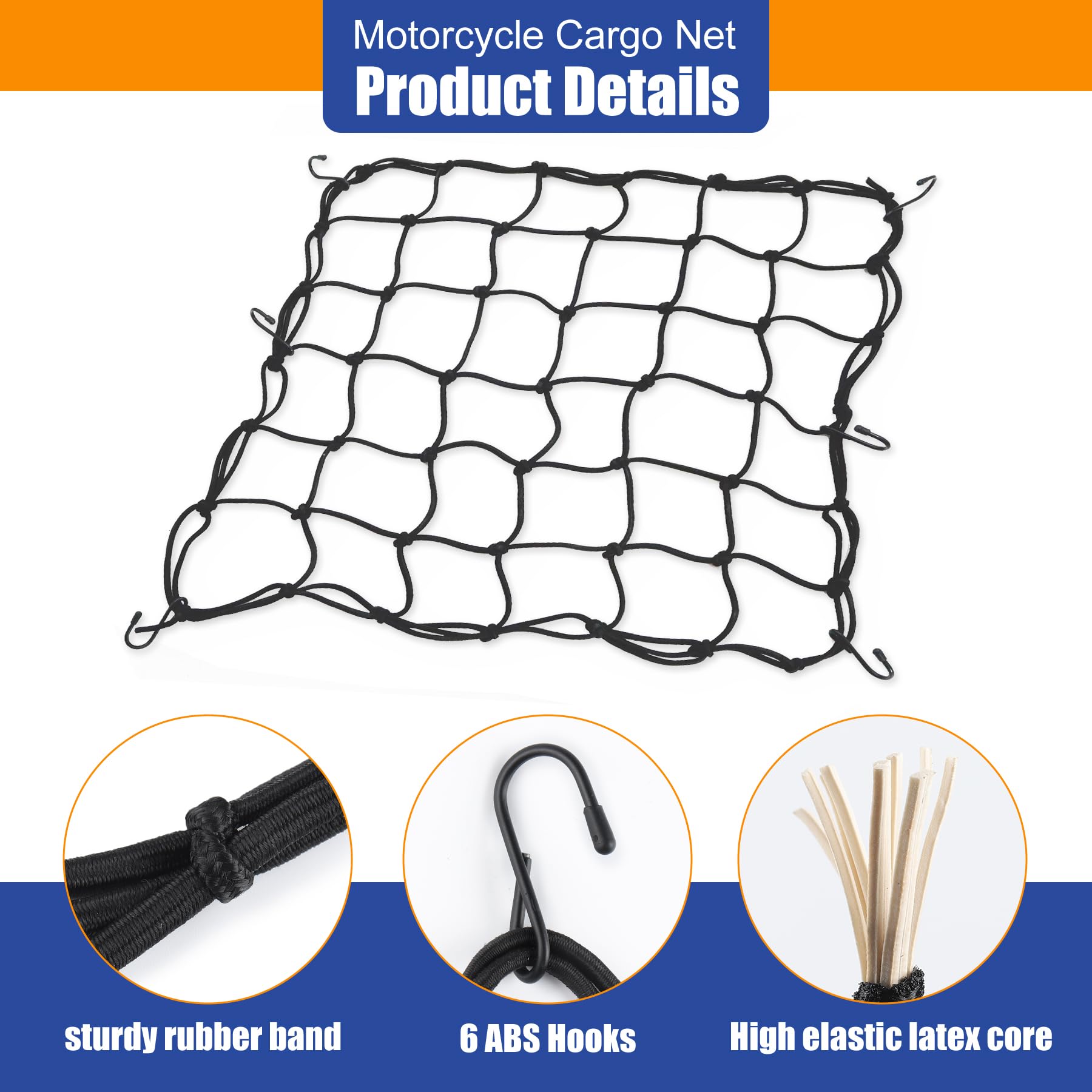 Amiss 15'X15' Elastic Motorcycle Cargo Net, Heavy Duty Bungee Net With 6 Adjustable Plastic Hooks, Luggage Thicken Netting With 2'X2' Small Mesh, Fit For Trailer, Suv, Motorcycle, Atv, Bike - Black