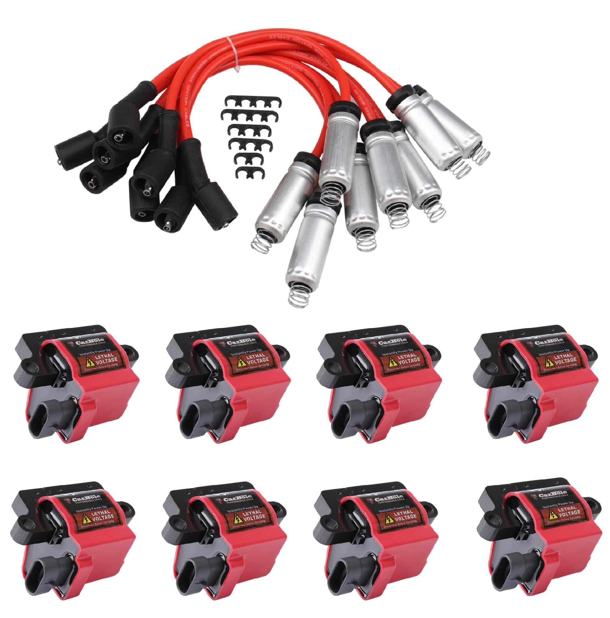 Carbole 8 Pcs Ignition Coil Pack + 8 Pcs 8Mm Spark Plug Wires Fit For Cadillac Escalade, Chevy Silverado, Avalanche, Express 350