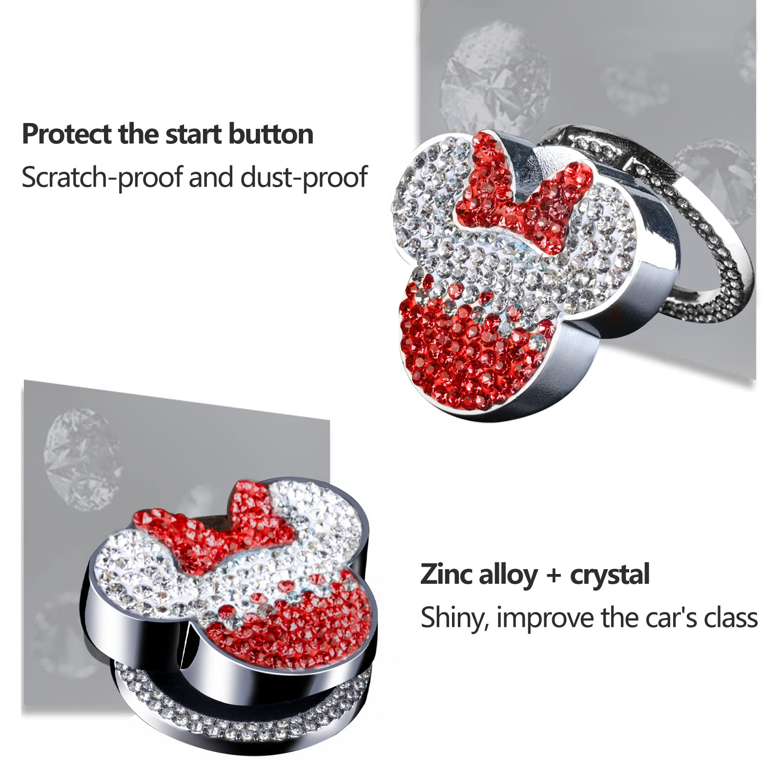 Pangpai Car Cute Push To Start Button Cover Accessories, Bling Crystal Car Engine Start Stop Button Cover, Red Car Decoration Interior Decal For Women Girl