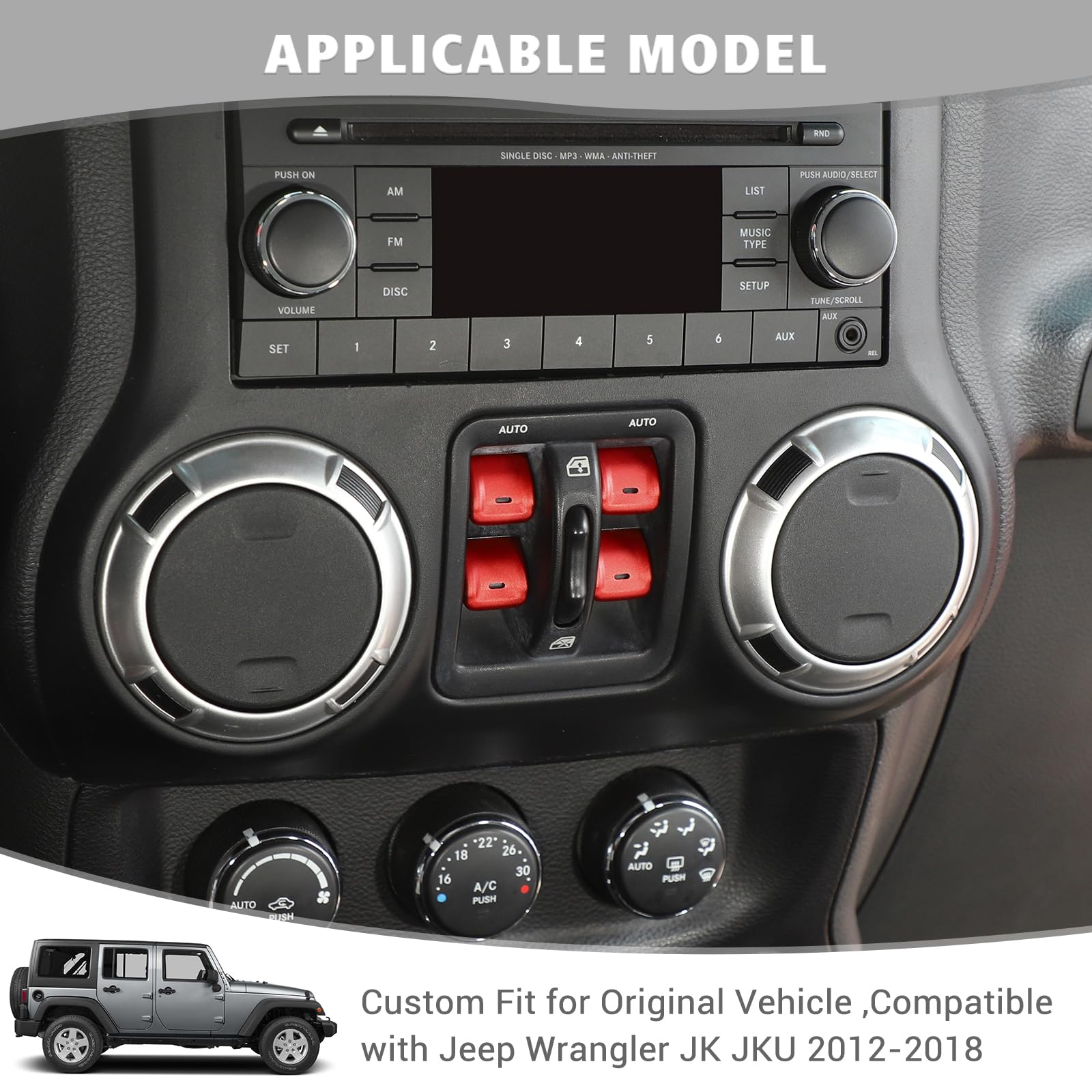 Jimen For Jk Window Button Covers, 4Pcs Center Console Window Switch Cover Interior Trim Kits Compatible With Jeep Wrangler Jk & Unlimited 2012-2018, Aluminum Alloy (Red)