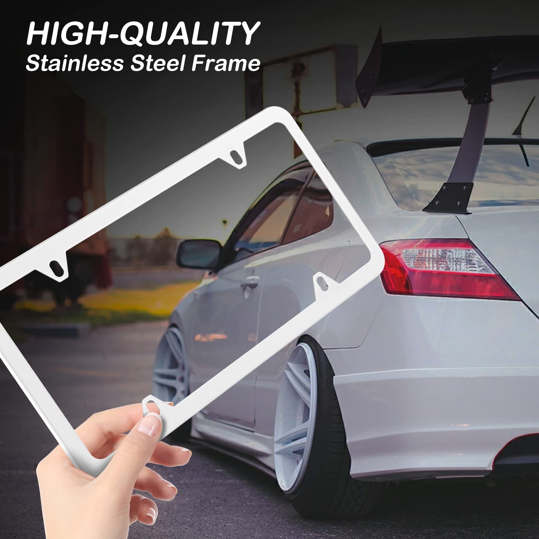 Alpmosn 2Pcs Stainless Steel License Plate Frames, 4 Holes Car Licence Plate Covers With Screws Washers And Caps, Car Exterior A