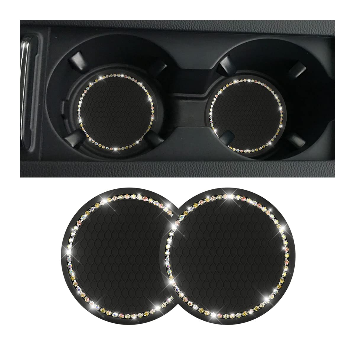 Car Cup Holder Coaster, 2 Pcs Universal Bling Crystal Rhinestone Car Accessories 2.75 Inch Auto Anti Slip Cup Holder Insert Mat Pad Set,Suitable For Most Car Interior (Ab Color)