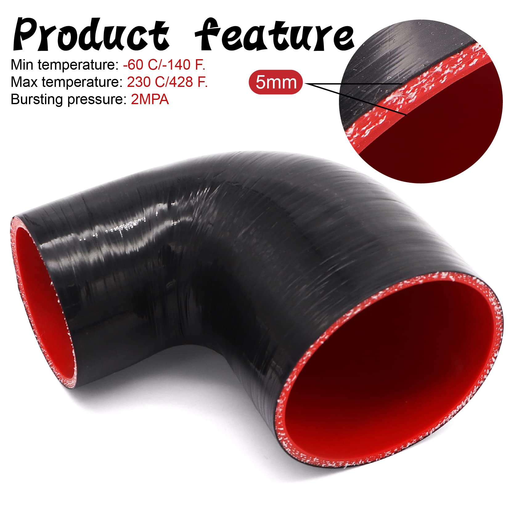 TuoLauthon 90 Degree 3 to 4 inch(76-102mm) Black Silicone Reducer Coupler Hose,4-Ply Reinforced,Length 4inch(102mm) with 2PCS cl