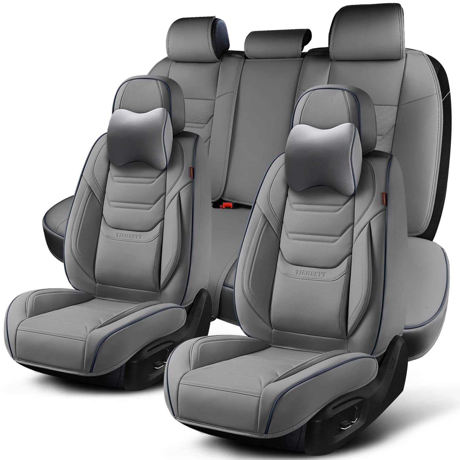Tiehesyt Gray Car Seat Covers Full Set, Breathable Leather Automotive Front And Rear Seat Covers & Headrest For Reduce The Drivi