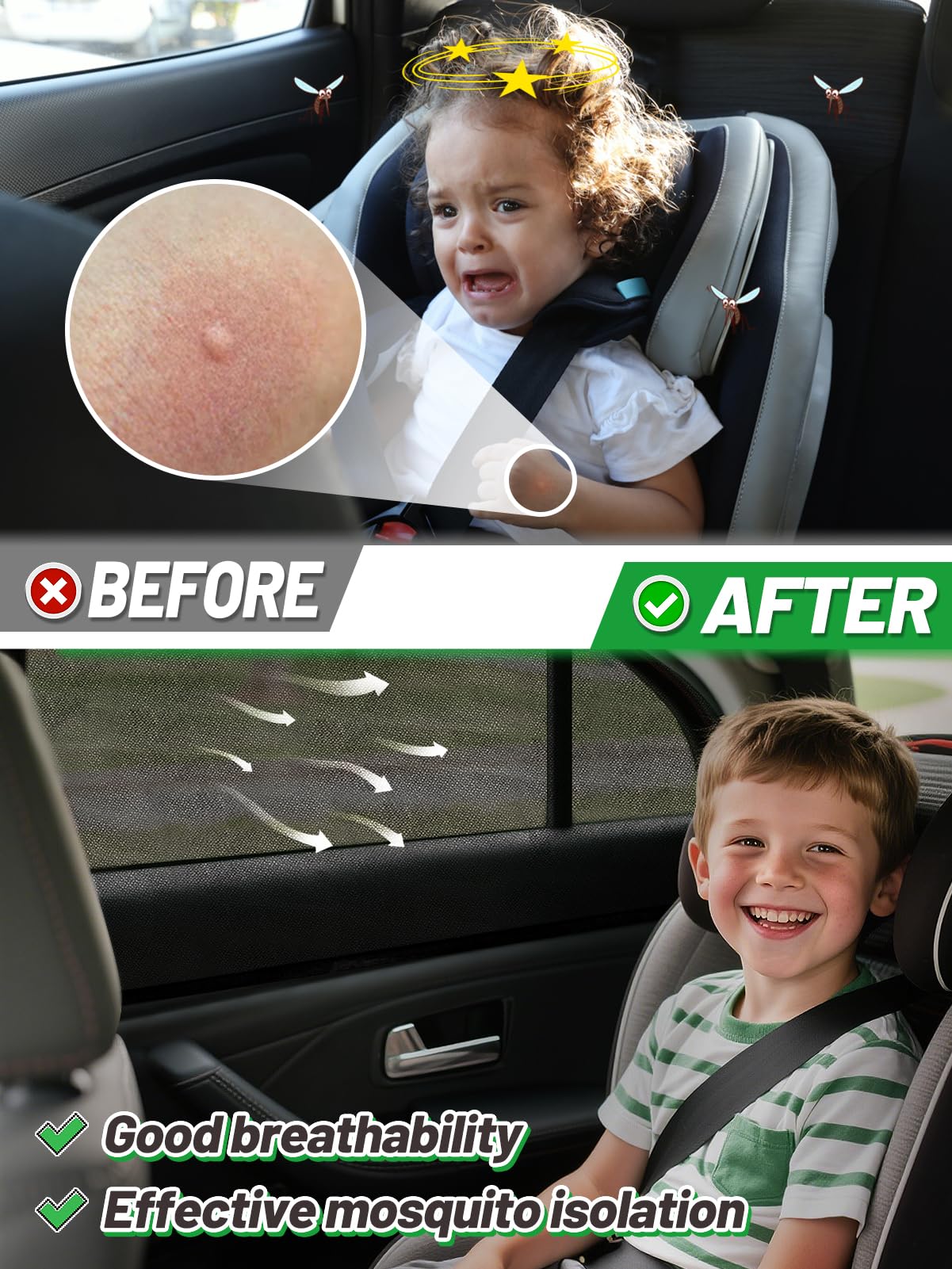 Car Window Shades for Sedan - 4 Pack Stretchy Sun Shade Mesh Side Car Window Screen Covers for Camping Family Baby Pet Anti-Mosq