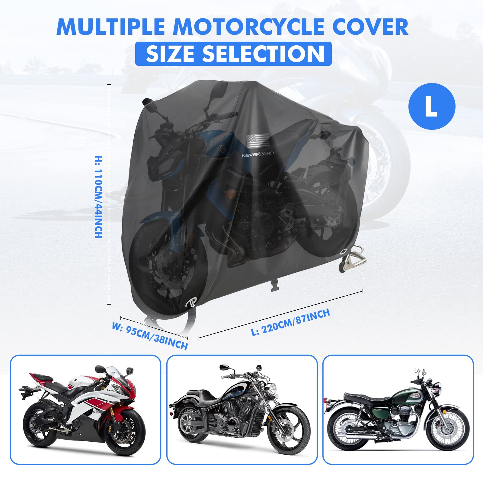 NEVERLAND Motorcycle Cover, Black Scooter Cover Waterproof Outdoor All Season, Motorbike Cover with Refletive Logo, Lock-Hole, B